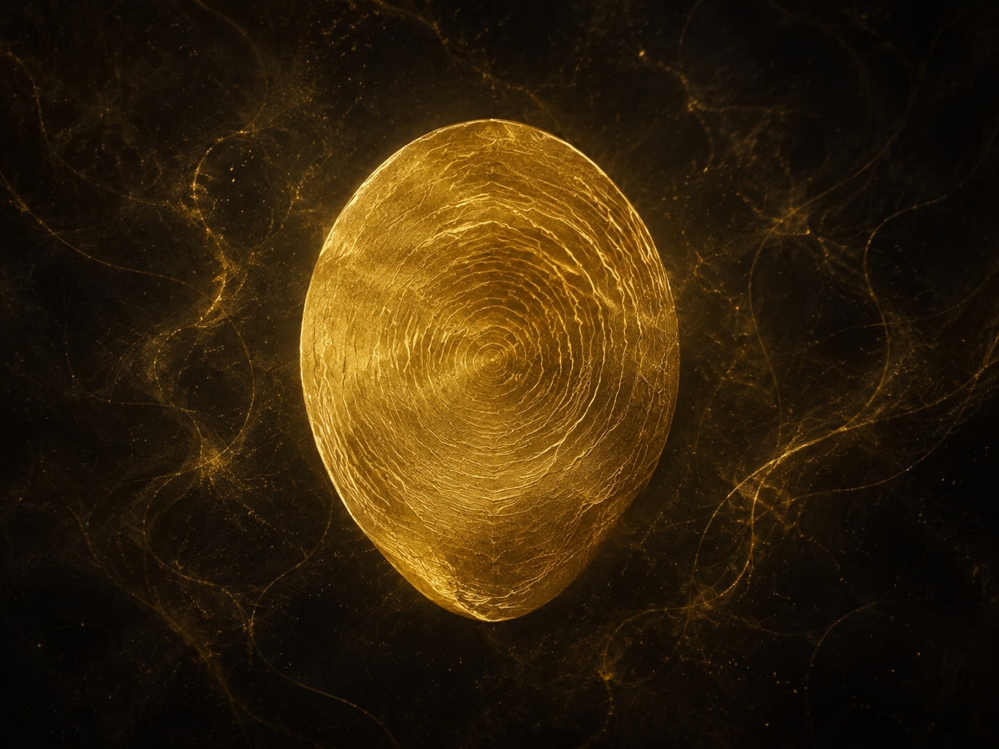 A rippled oval gold droplet floats in dark haze with fine gold filaments around it.