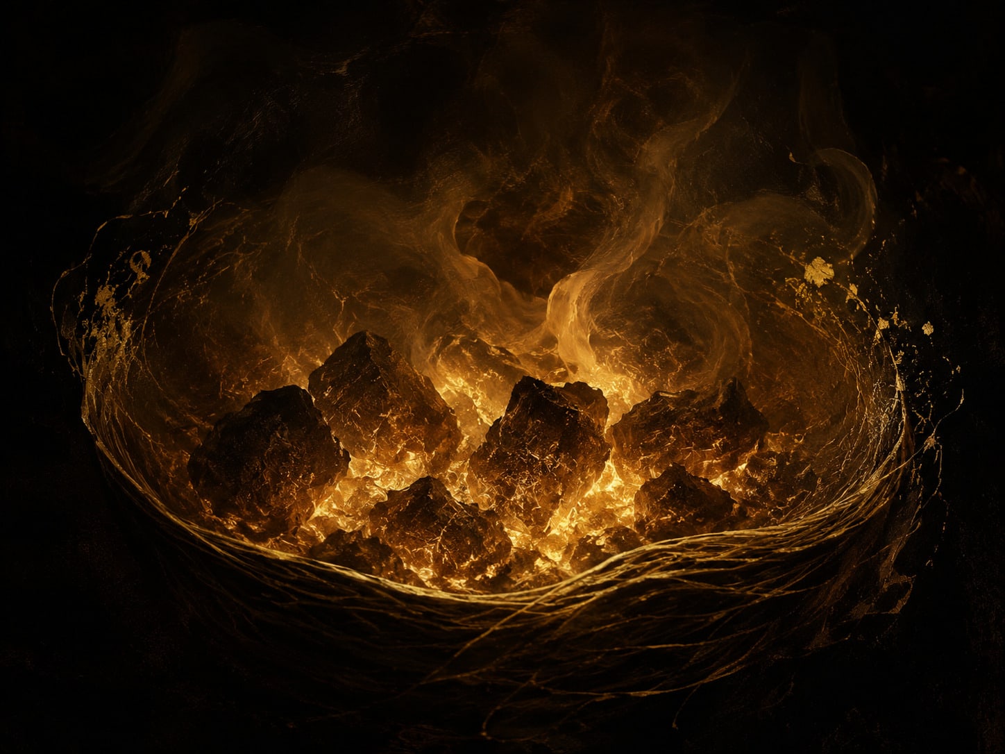 A small contained bed of gold embers glowing in the dark.