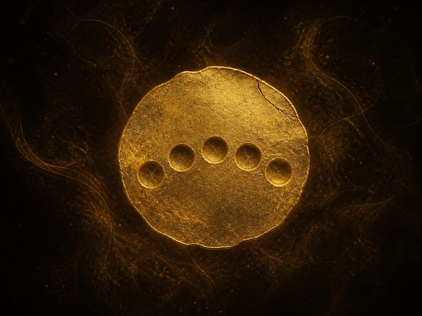A thin irregular gold medallion with five small rounded hollow openings in a gentle arc floats in warm dark haze.
