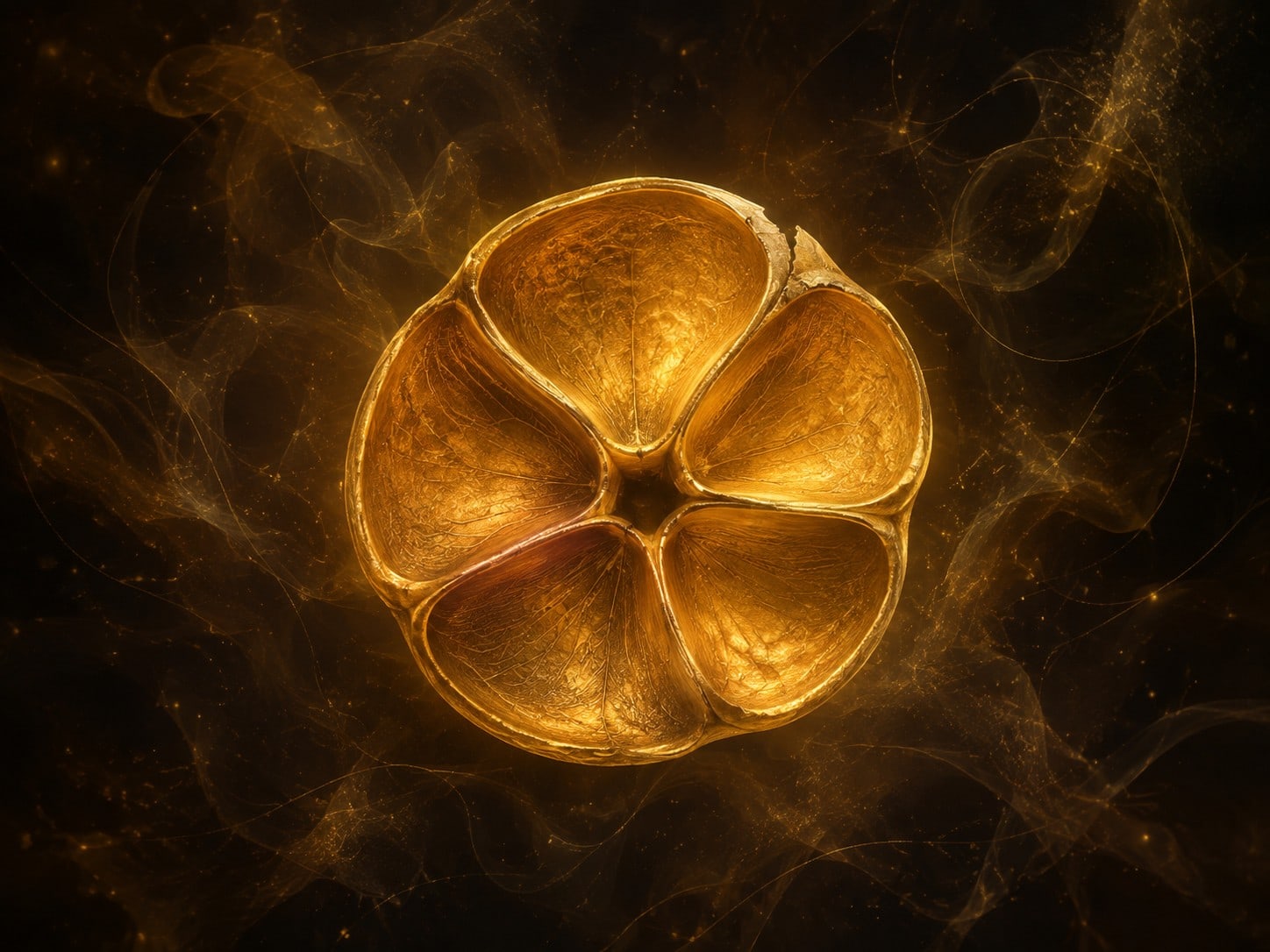 An opened gold seedpod with five nested curved chambers around an empty center floats in warm dark haze.