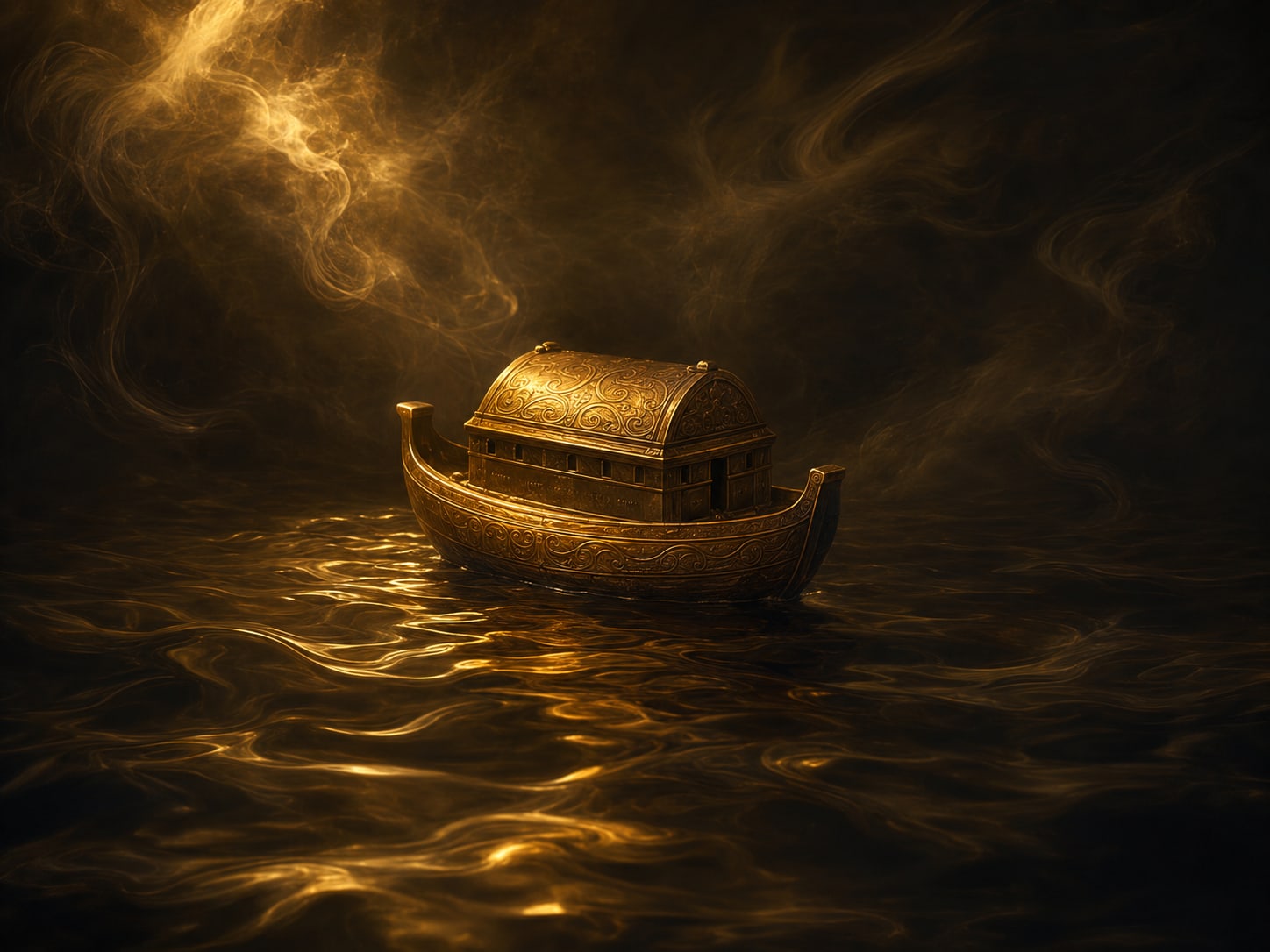 A small antique gold vessel riding high dark floodwater alone.