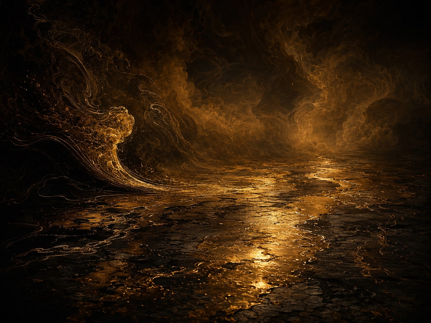 Gold floodwater drawing back and sinking, a glistening wet sheen left across dark ground.