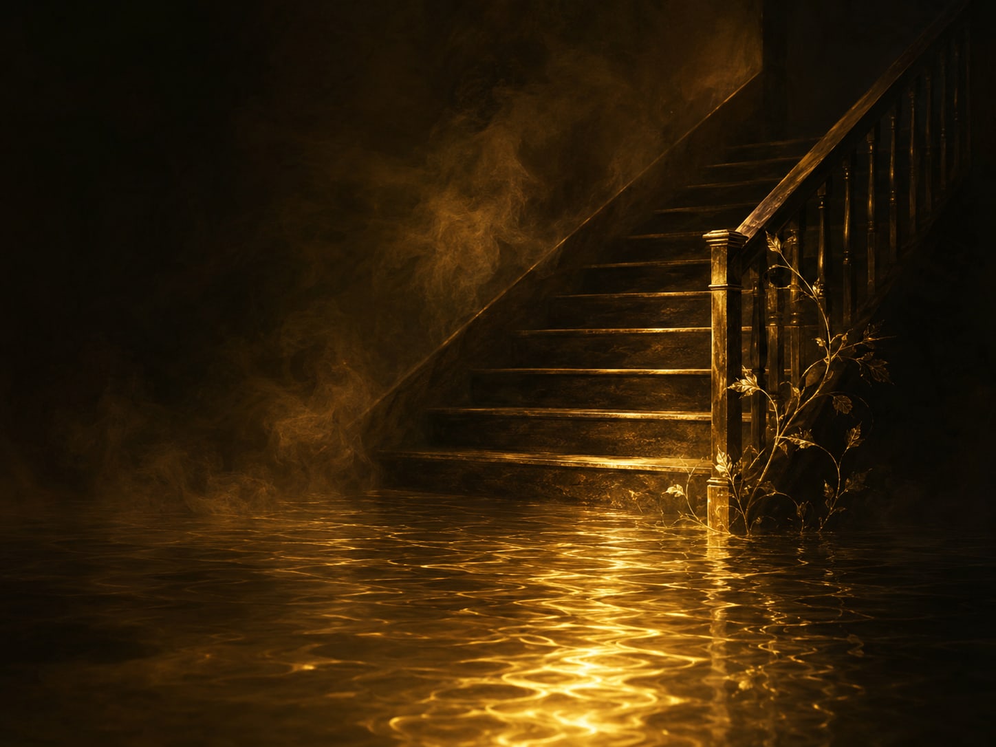 Liquid gold floodwater rising up a dark interior staircase, the lower steps already beneath the still surface.