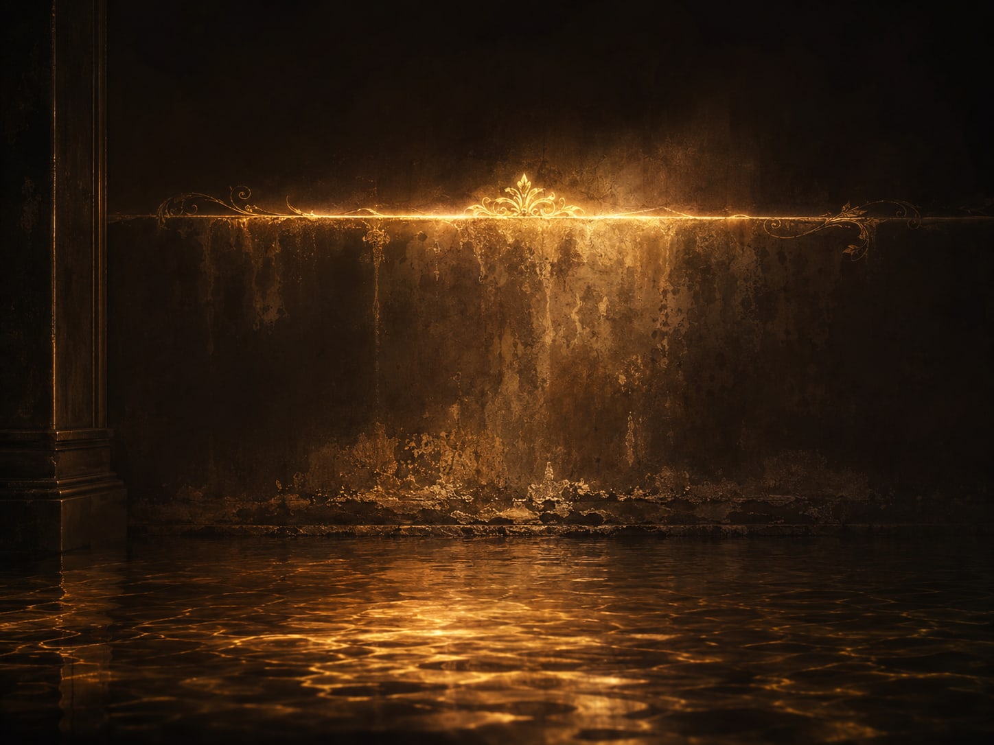 A dark interior wall carrying a luminous gold high water line above water that has begun to drain away.