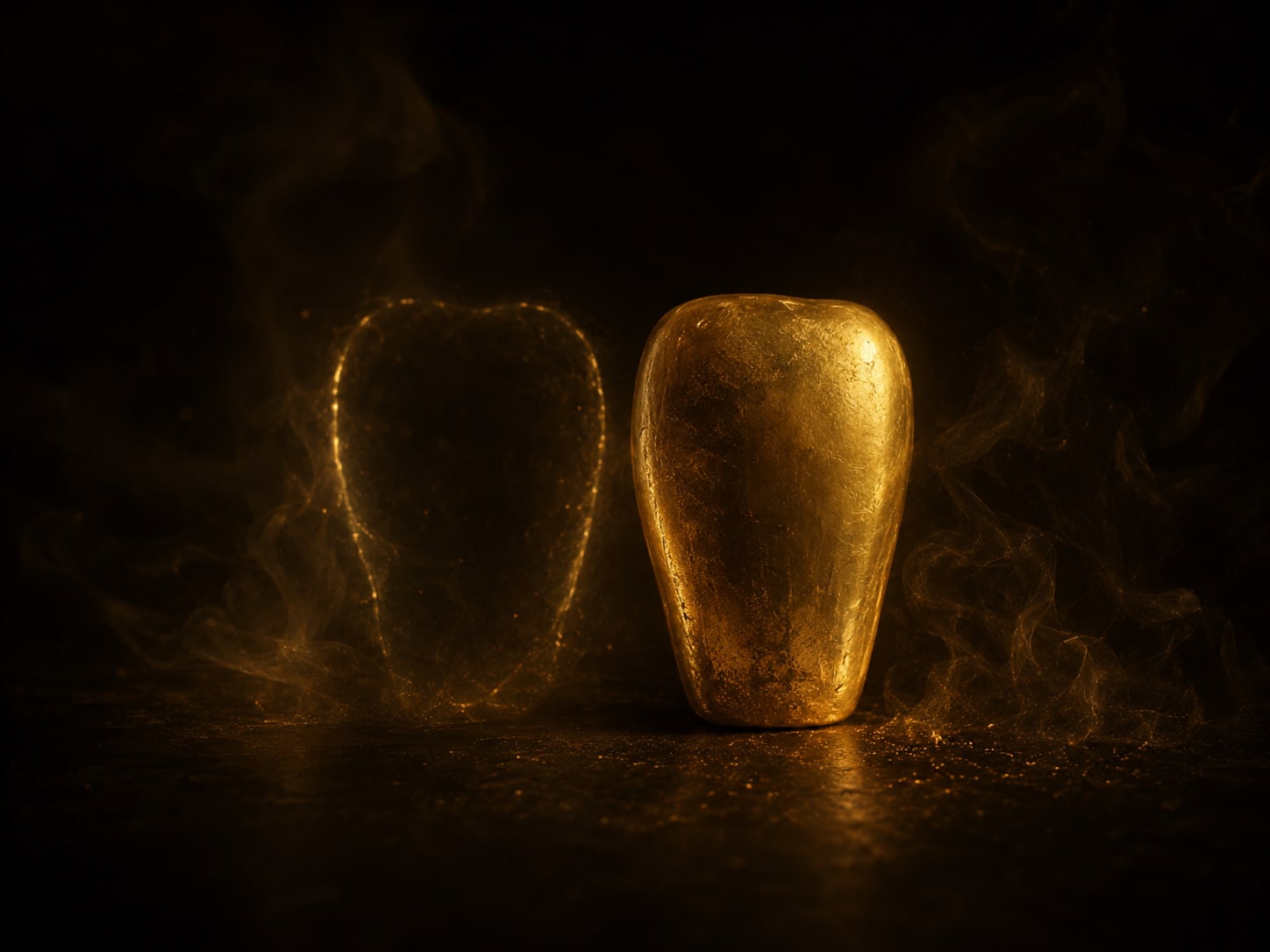 One gold front tooth beside the faint glowing outline of its missing twin, the empty place reading as a soft absence of light.