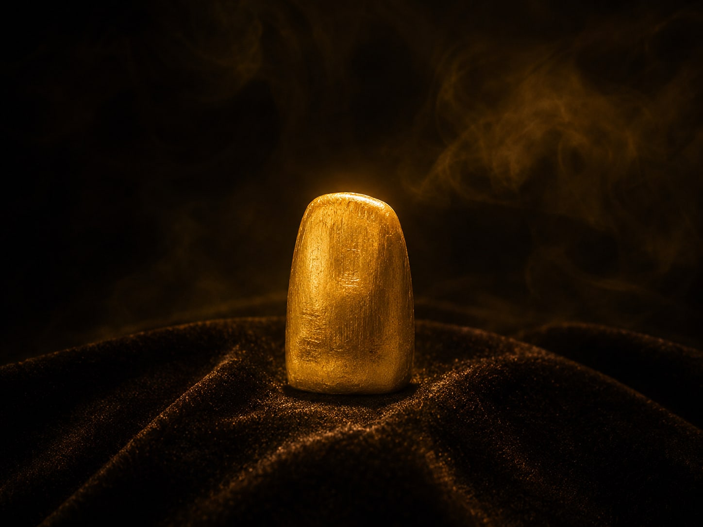 A single gold front tooth displayed upright on dark velvet under a focused warm spotlight.