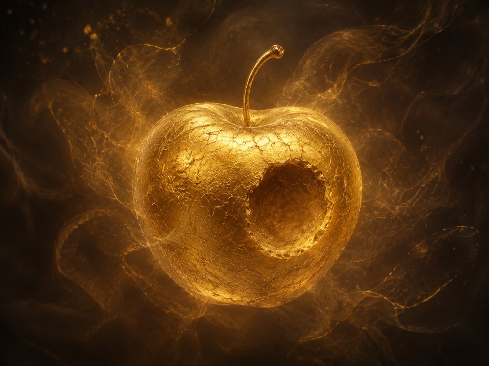 A gold apple with a dark hollowed patch floats in a dark hazy space.