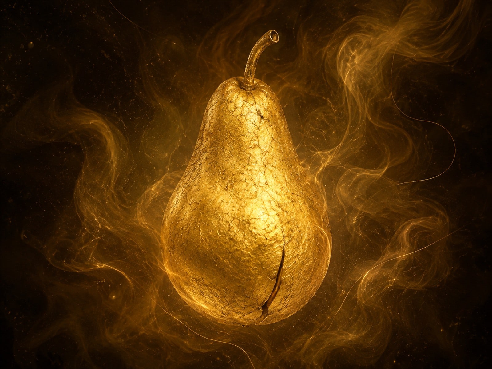 A bowed gold pear with fine veining floats in a dark space filled with soft golden haze.