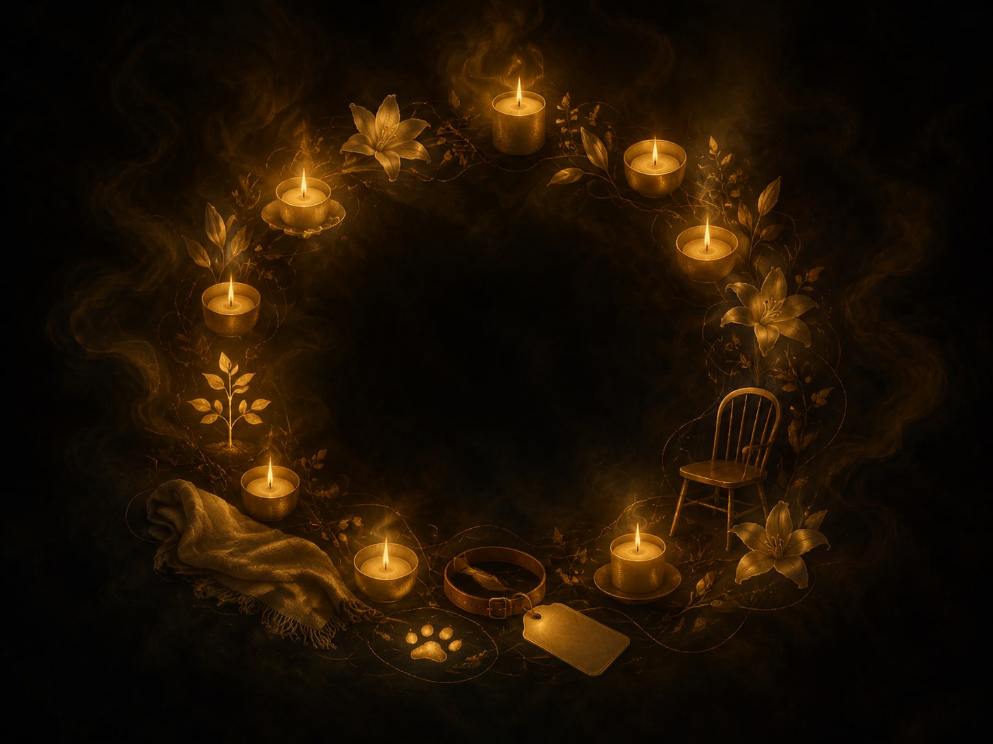 A ring of small warm candle flames encircling a quiet open dark space.