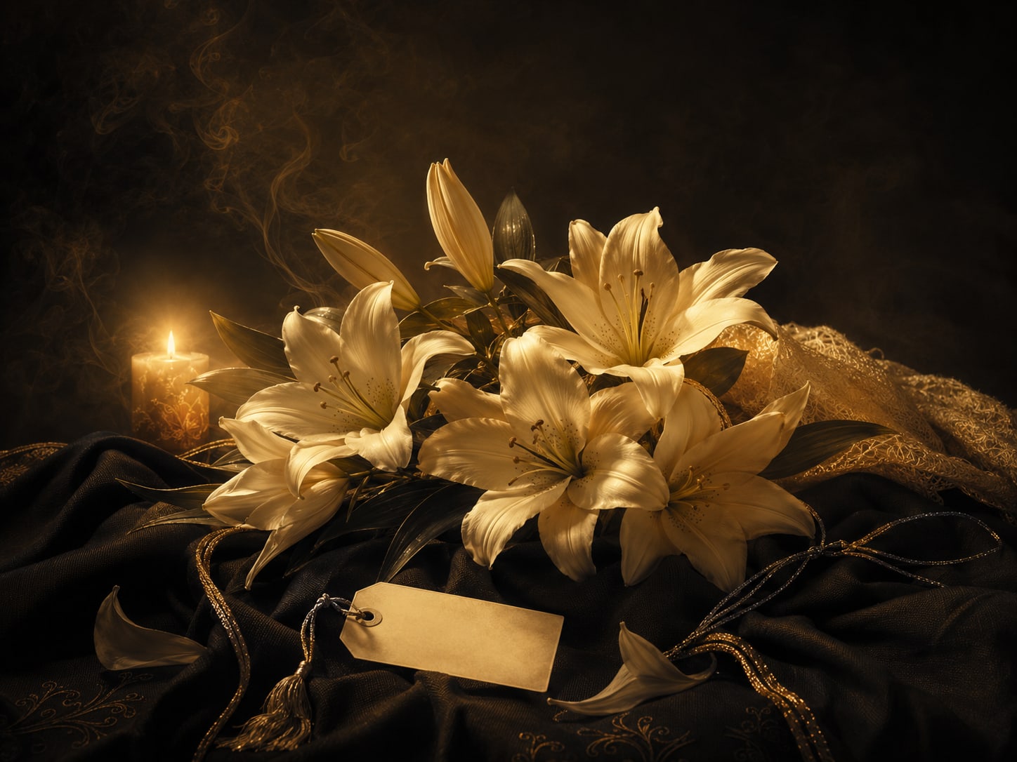 White gold lilies gathered together on dark cloth.