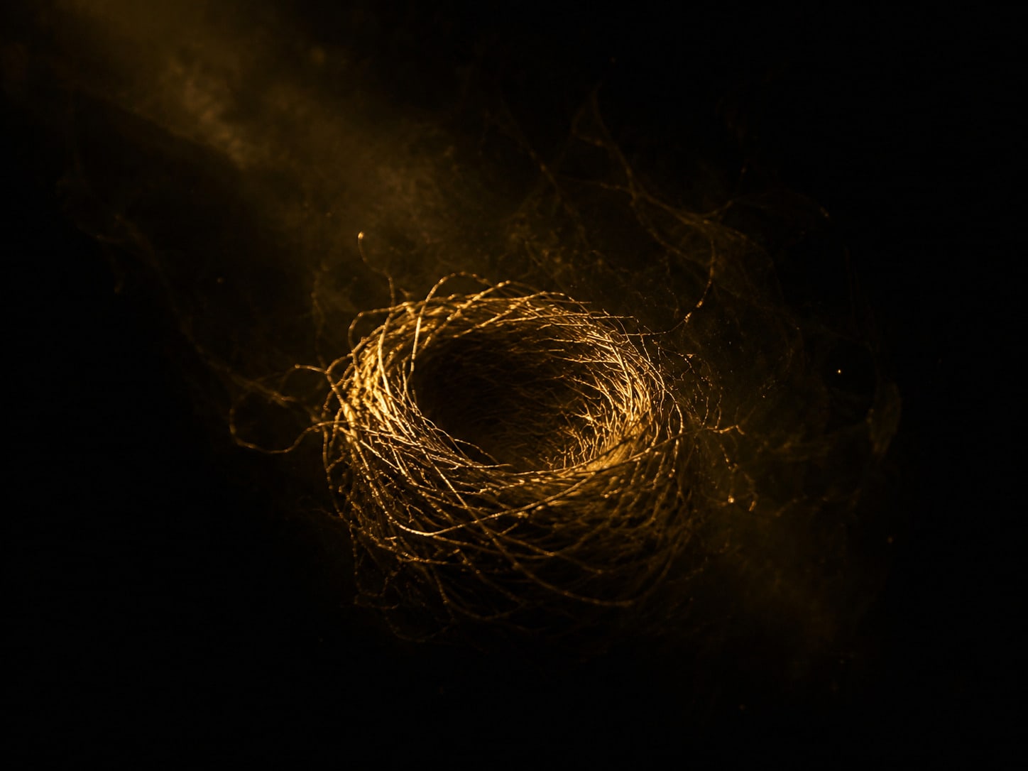 A small nest woven from fine gold filaments, empty, its rim still holding a clean round hollow.