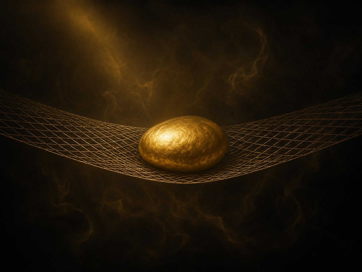 A smooth gold mass resting on a fine gold mesh that curves downward beneath it without tearing.