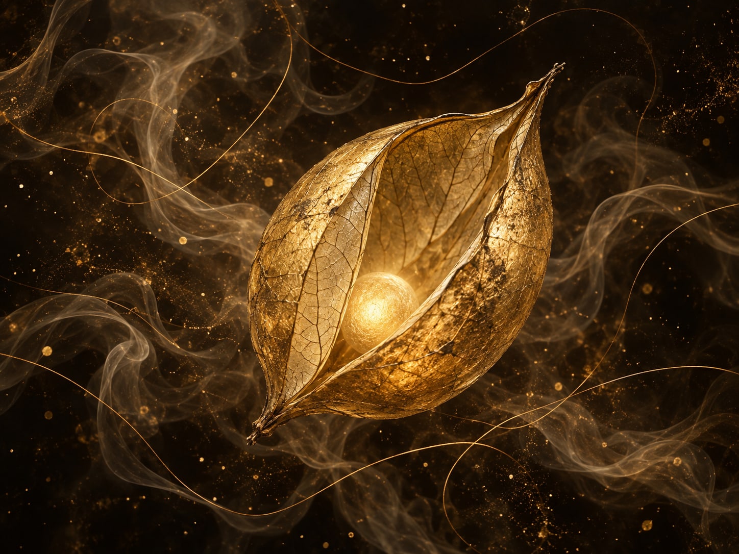 An open gold seed pod holds one glowing round seed in a smoky dark space.