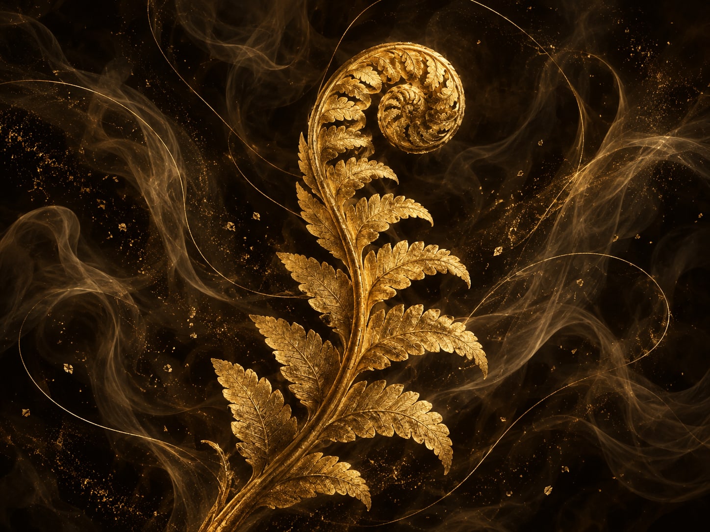A partly unfurled gold fern frond with a curled tip floats amid smoke and gold particles.