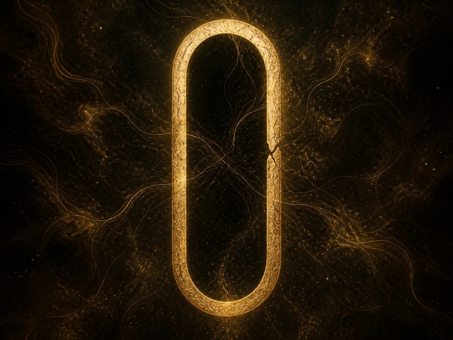 A tall textured gold outline encloses a dark empty center amid gold haze.