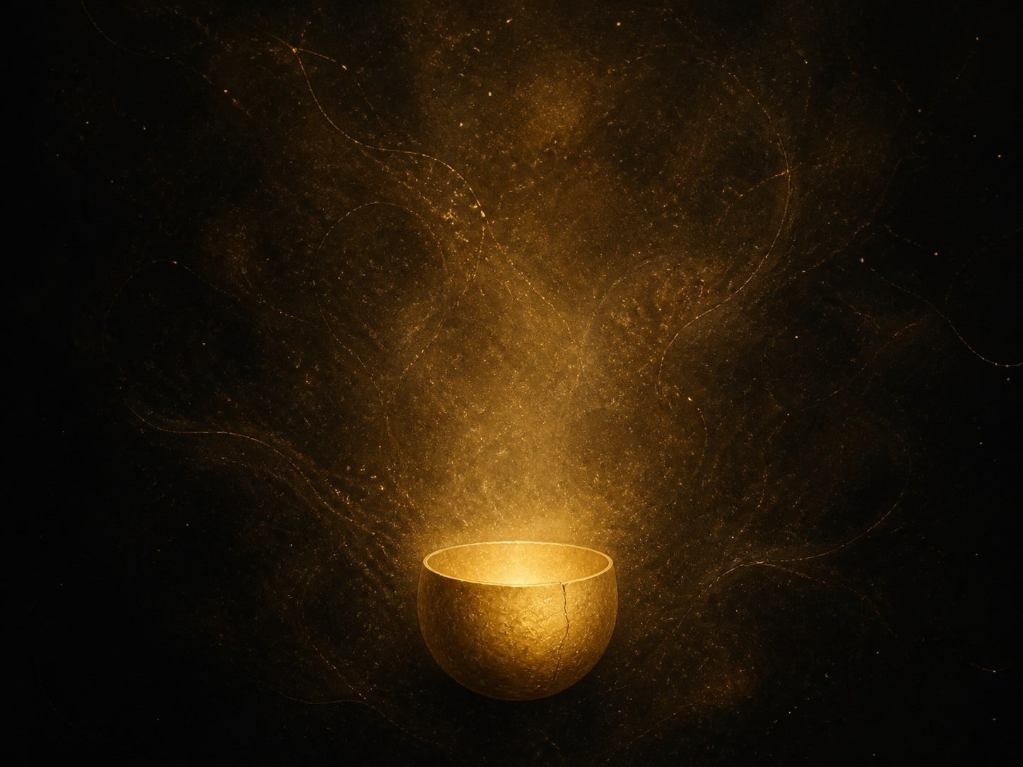 A small textured gold vessel floats beneath a soft glow in dark haze.