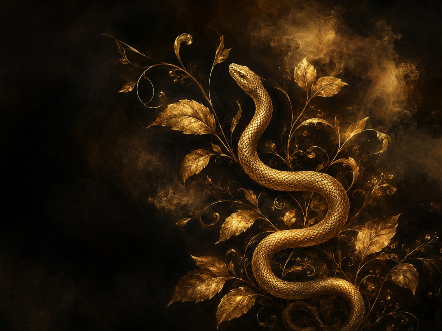 A gold serpent winding through gold leaves and curling vines.