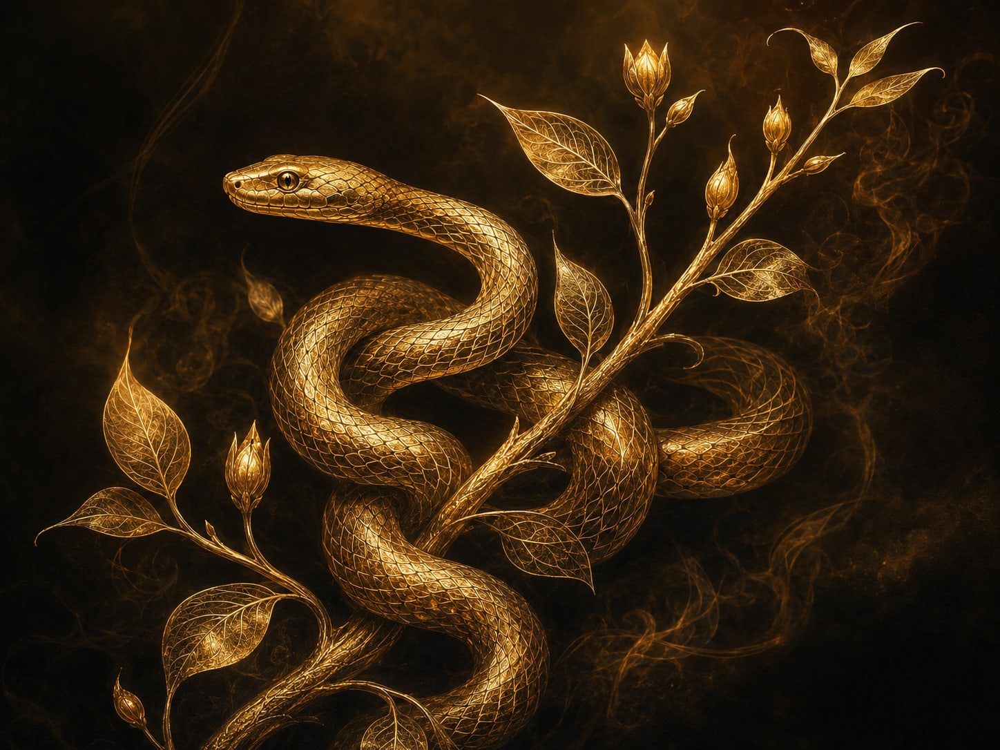 A serpent coiled along a budding gold vine.