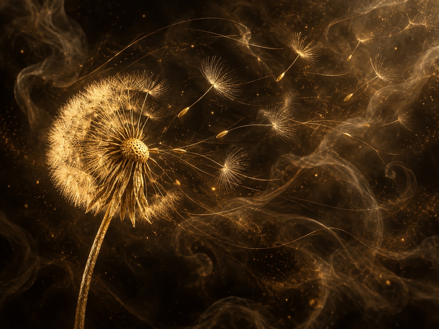 A gold dandelion seed head releases seeds into a dark smoky haze.