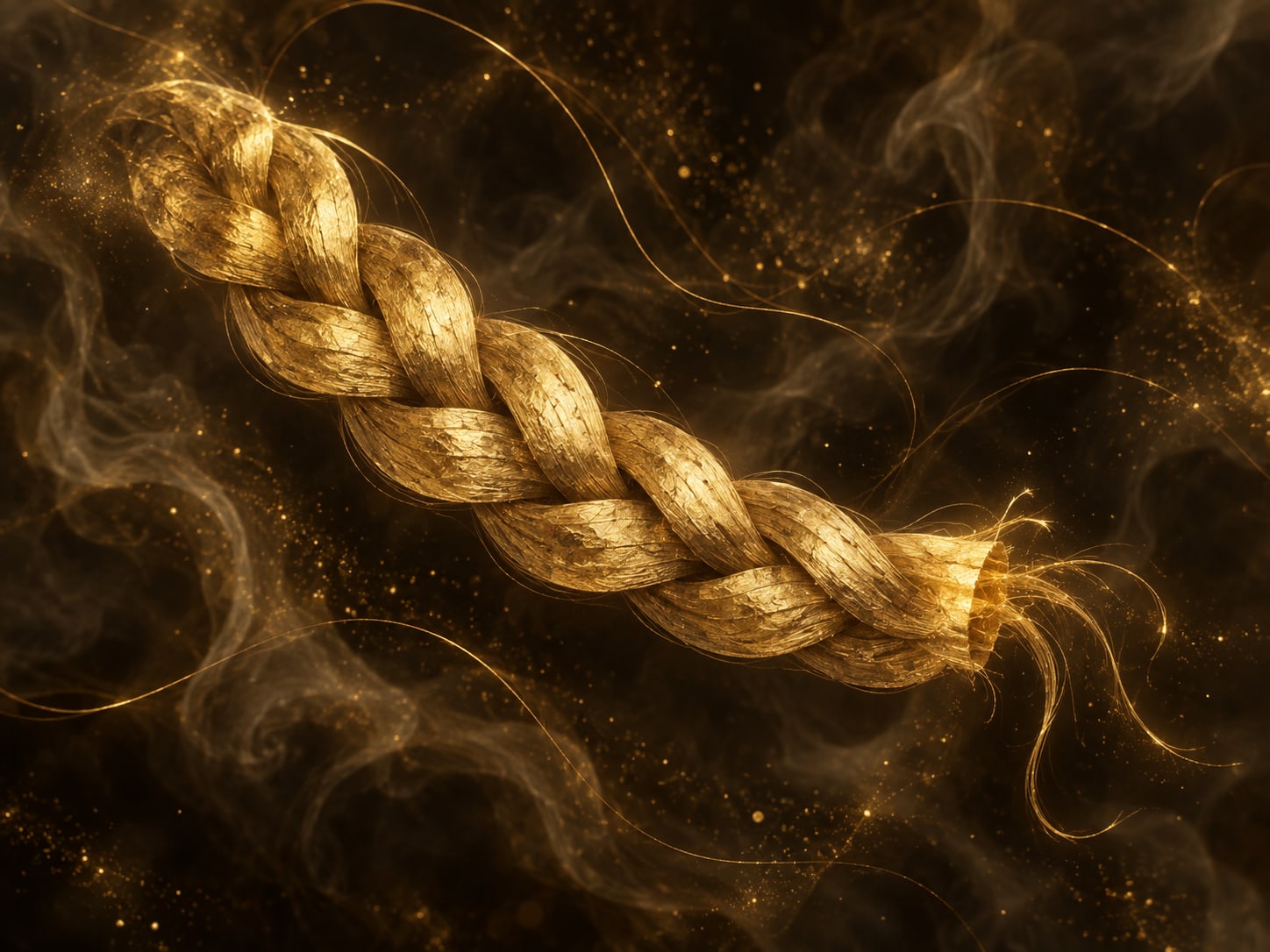 A thick gold braid floats in smoky darkness with loose strands extending from its cut end.