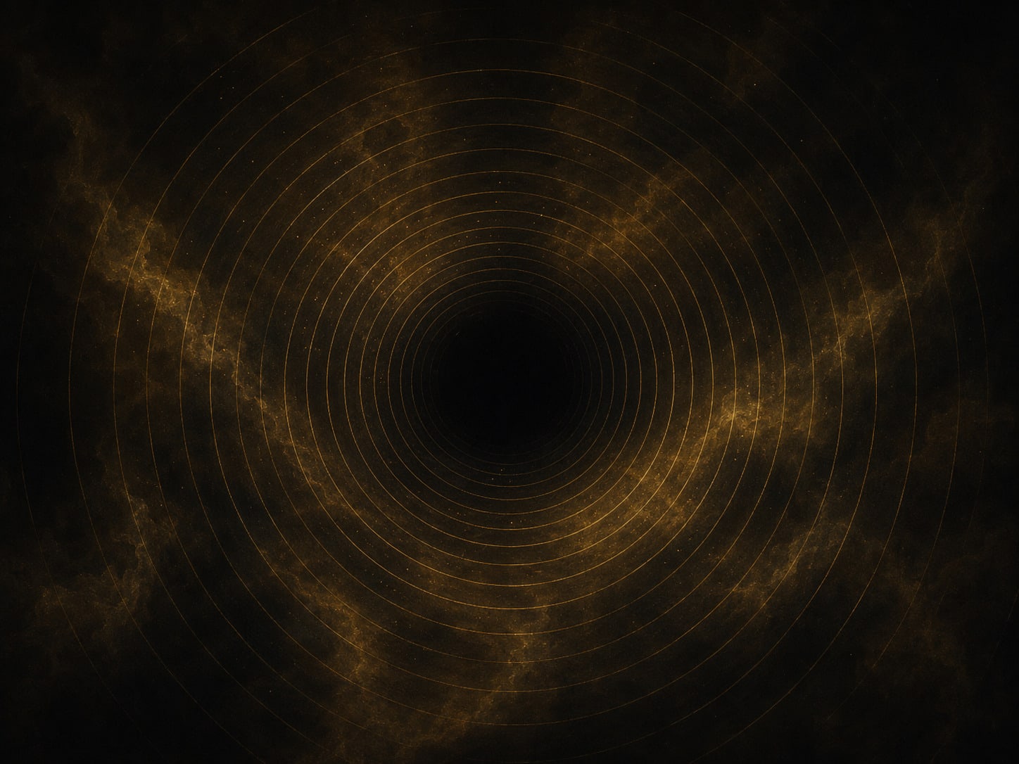 Concentric rings of fine gold light expanding through darkness from a centre where nothing is present.