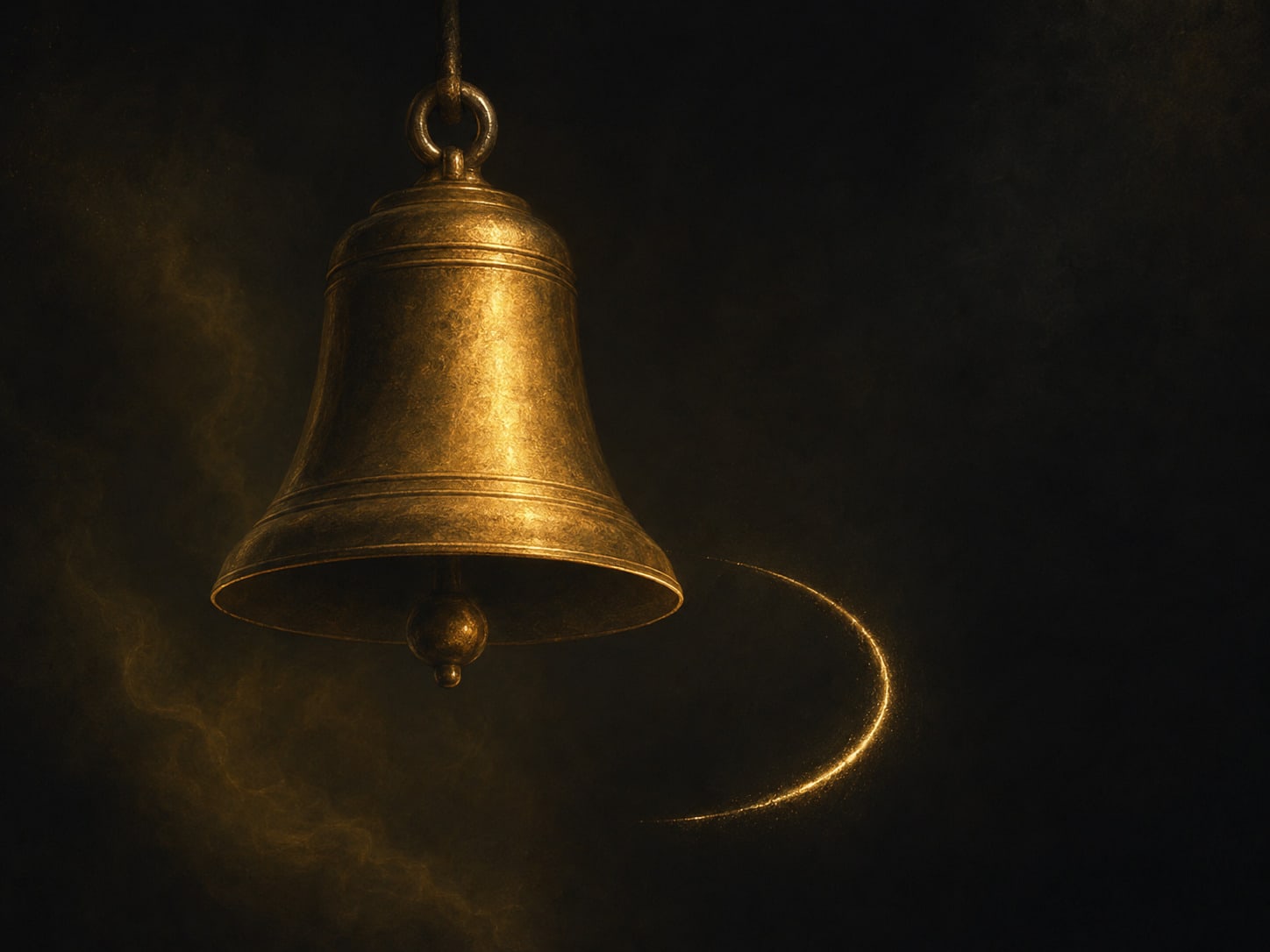 A motionless gold bell form in darkness beside a single arc of gold light that breaks off short instead of spreading.