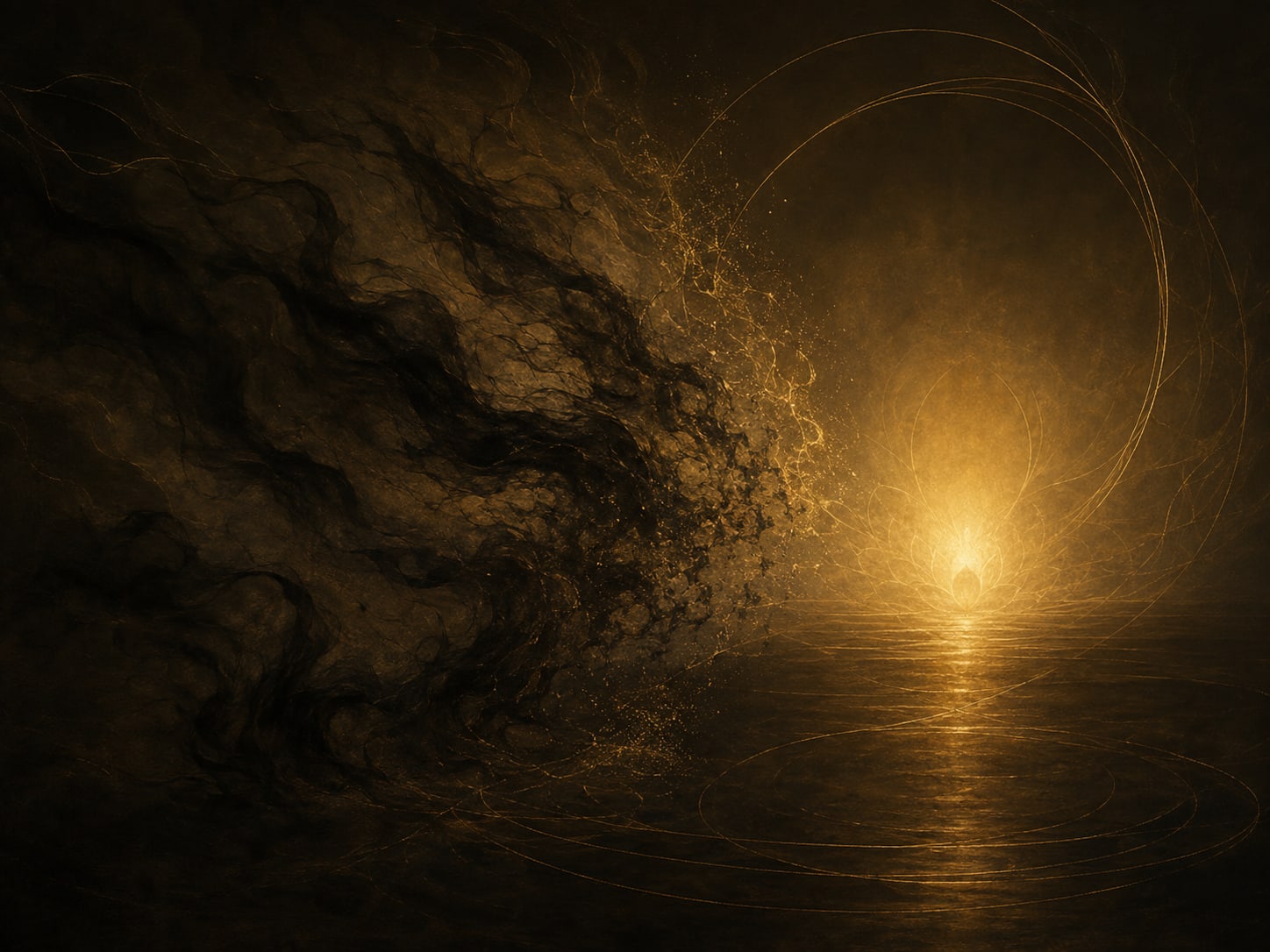 Dark smoke drawing back from a warm bloom of light spilling across a still floor.