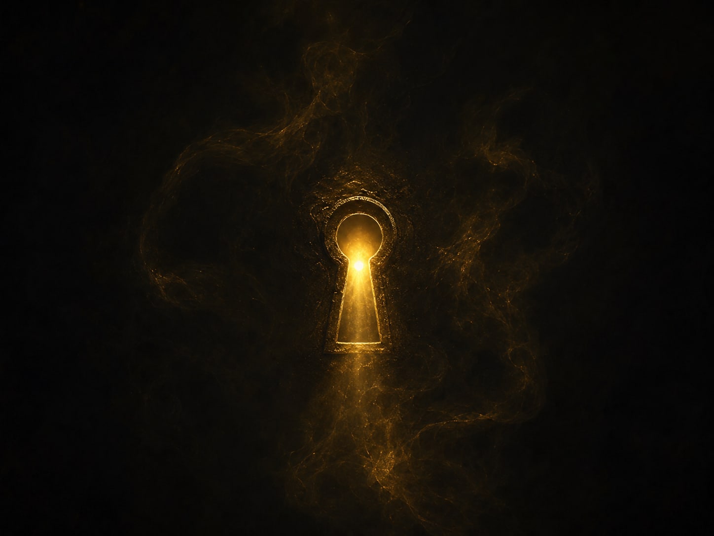 A single keyhole glowing warm gold in a field of near dark.
