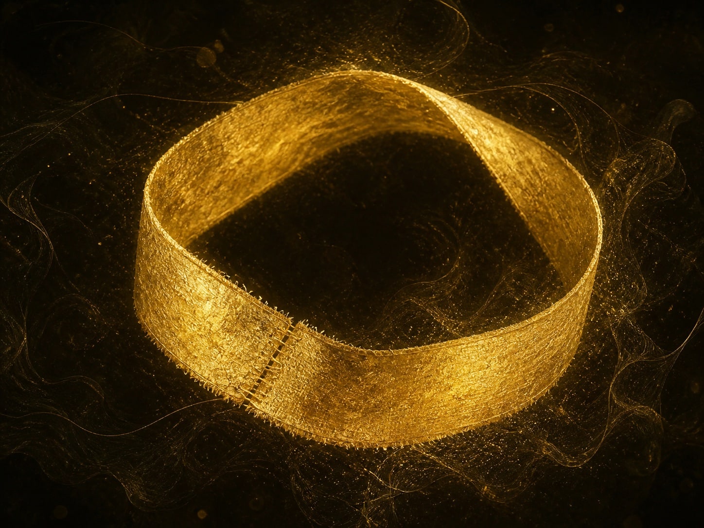A broad gold band curved into a loop, with a stitched seam along one edge.
