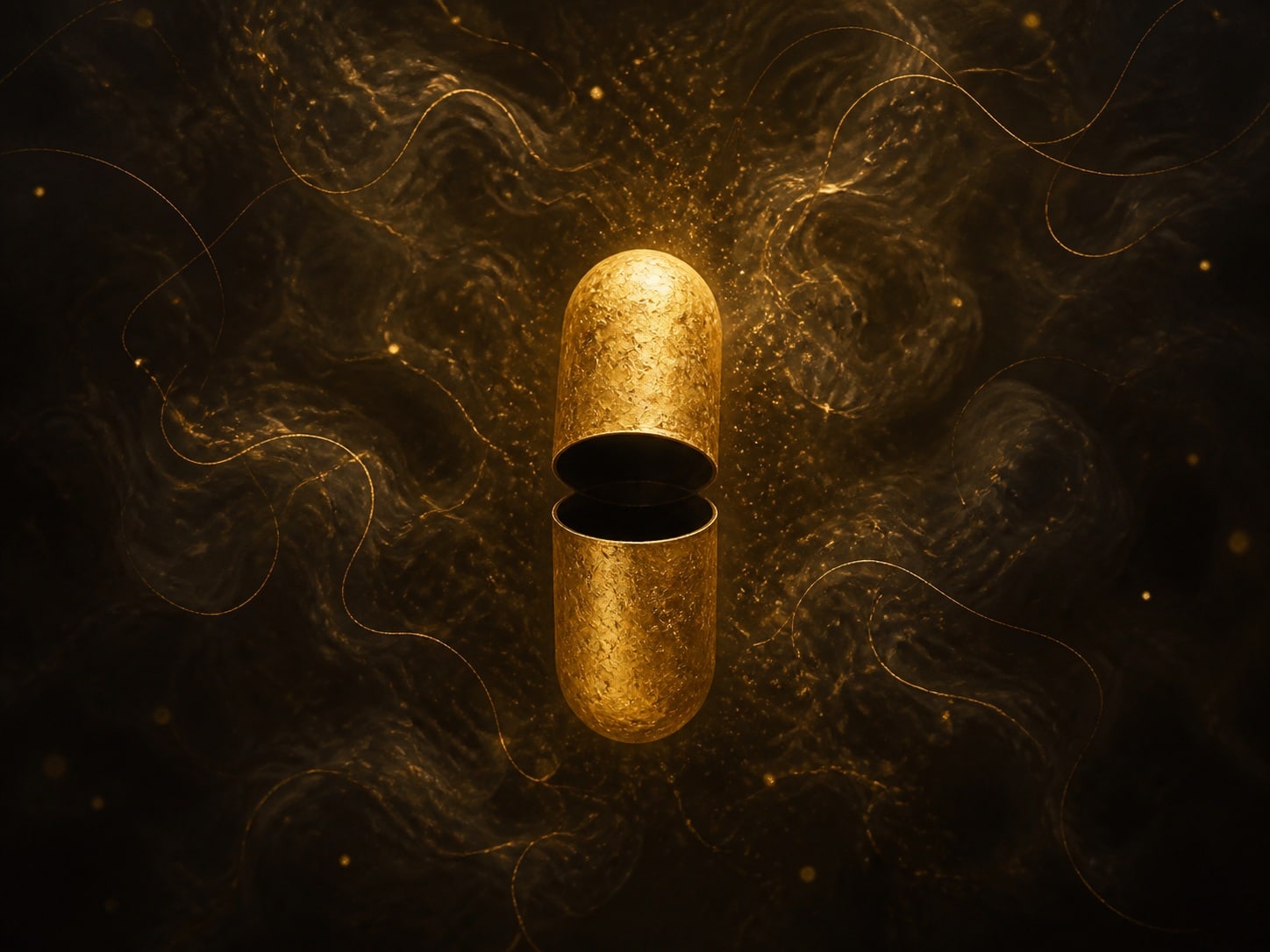 A gold capsule pulled apart into two halves, one of them hollow.