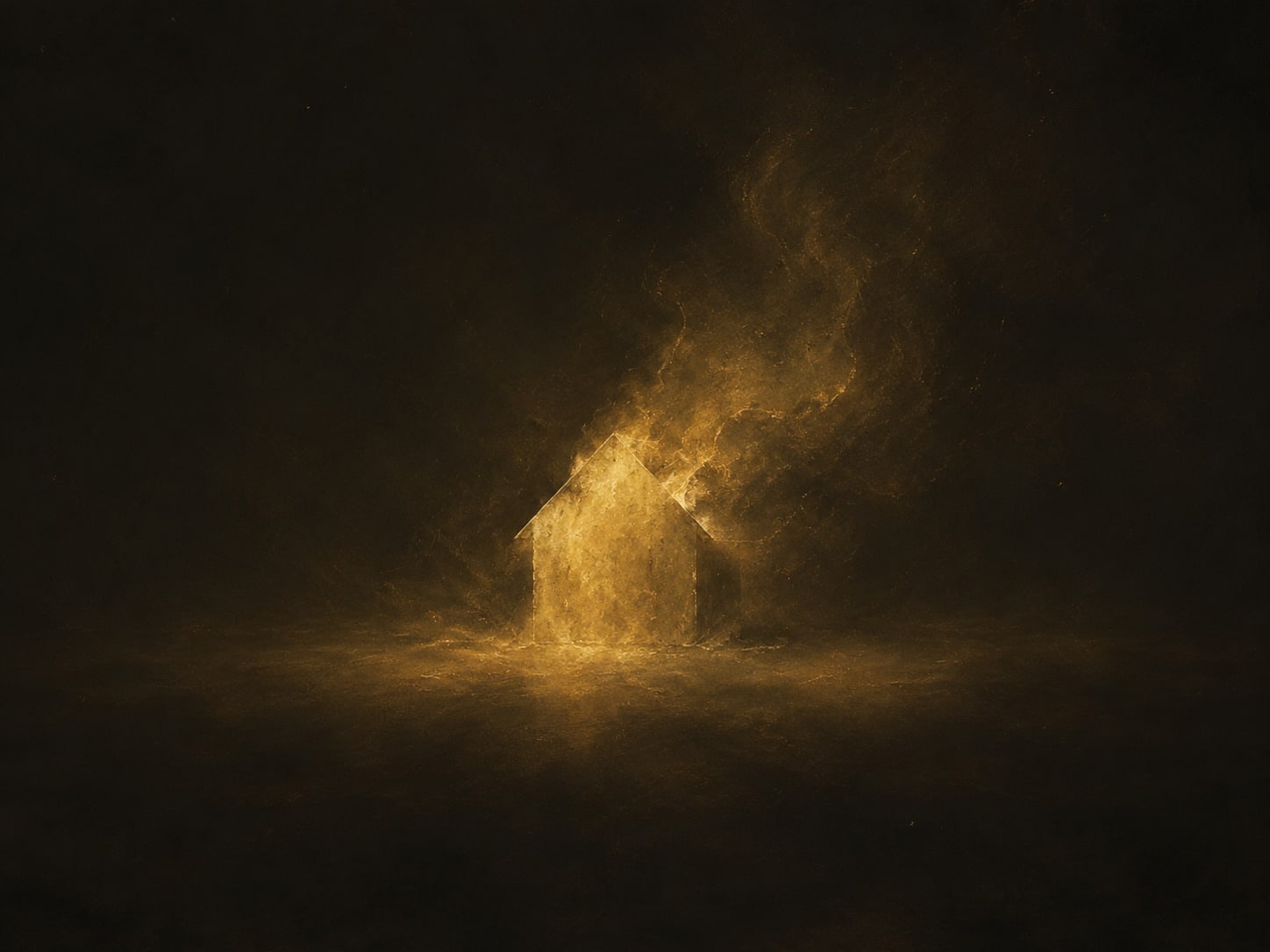 A small gold house form seen at a distance, its outline softening and breaking into gold smoke at the edges.