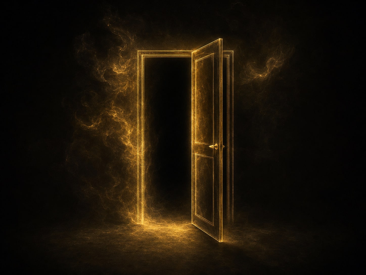 A gold doorway standing open in darkness with a single thread of pale gold light spilling from beyond it.