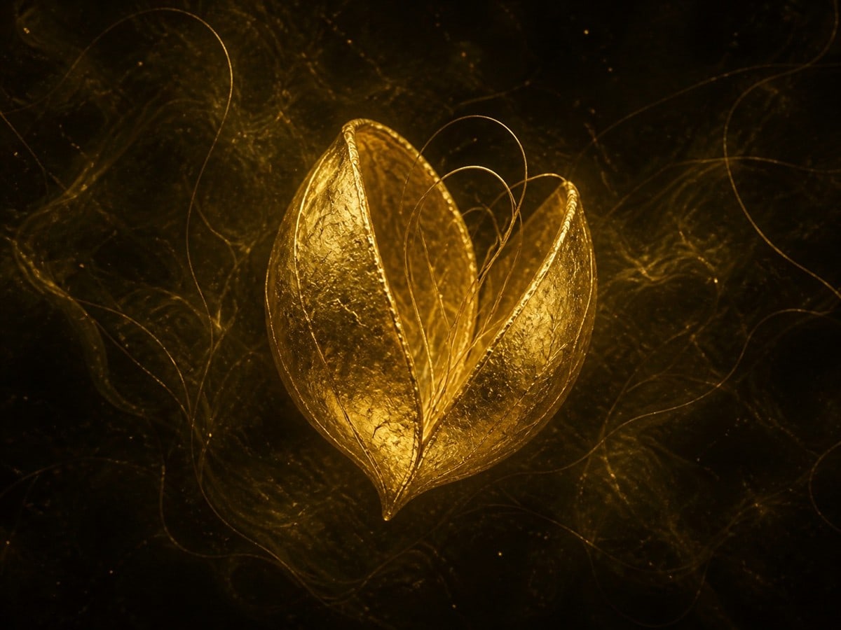 A small open gold seed-pod form floats in dark haze, with thin gold strands curling back into its hollow center.