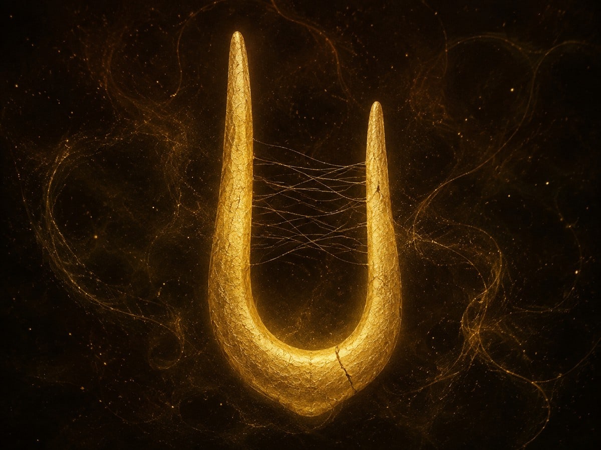 A glowing gold two-pronged abstract form with fine gold filaments between its prongs floats in a dark hazy background.