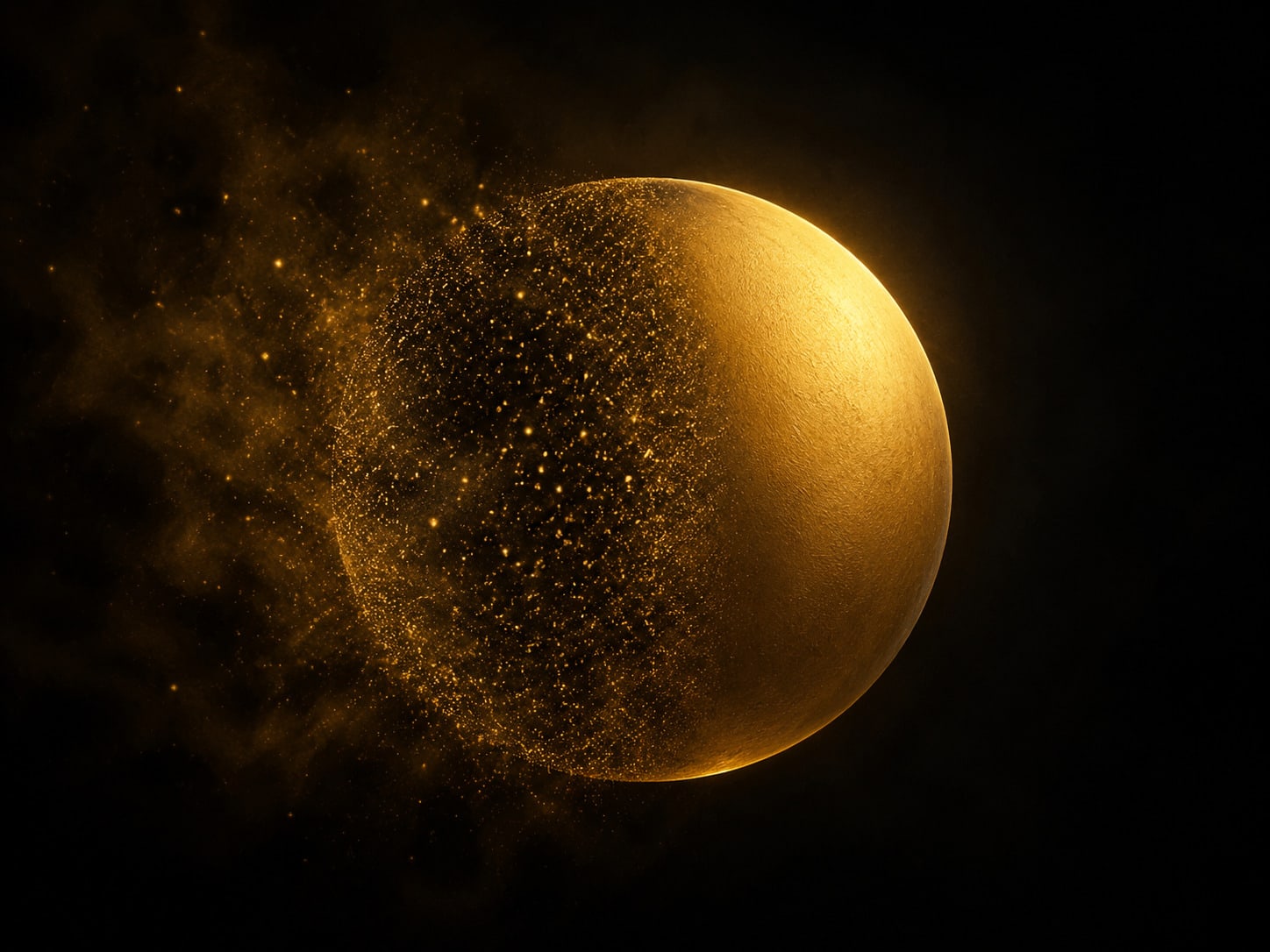 A gold shape solid on one side and still assembling from suspended gold grains on the other.