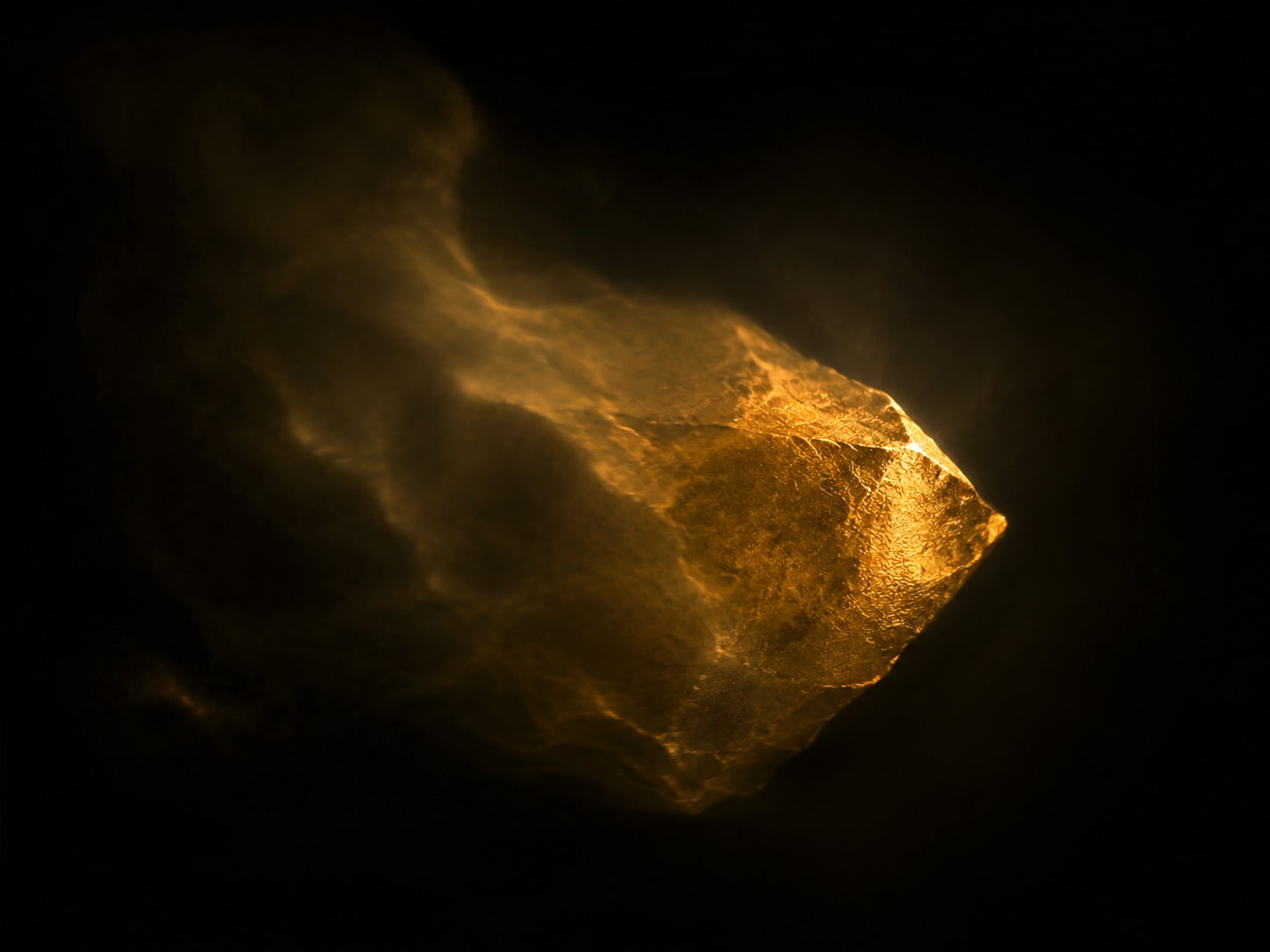 A gold form that is sharply detailed at one small bright point and grows steadily indistinct further out.