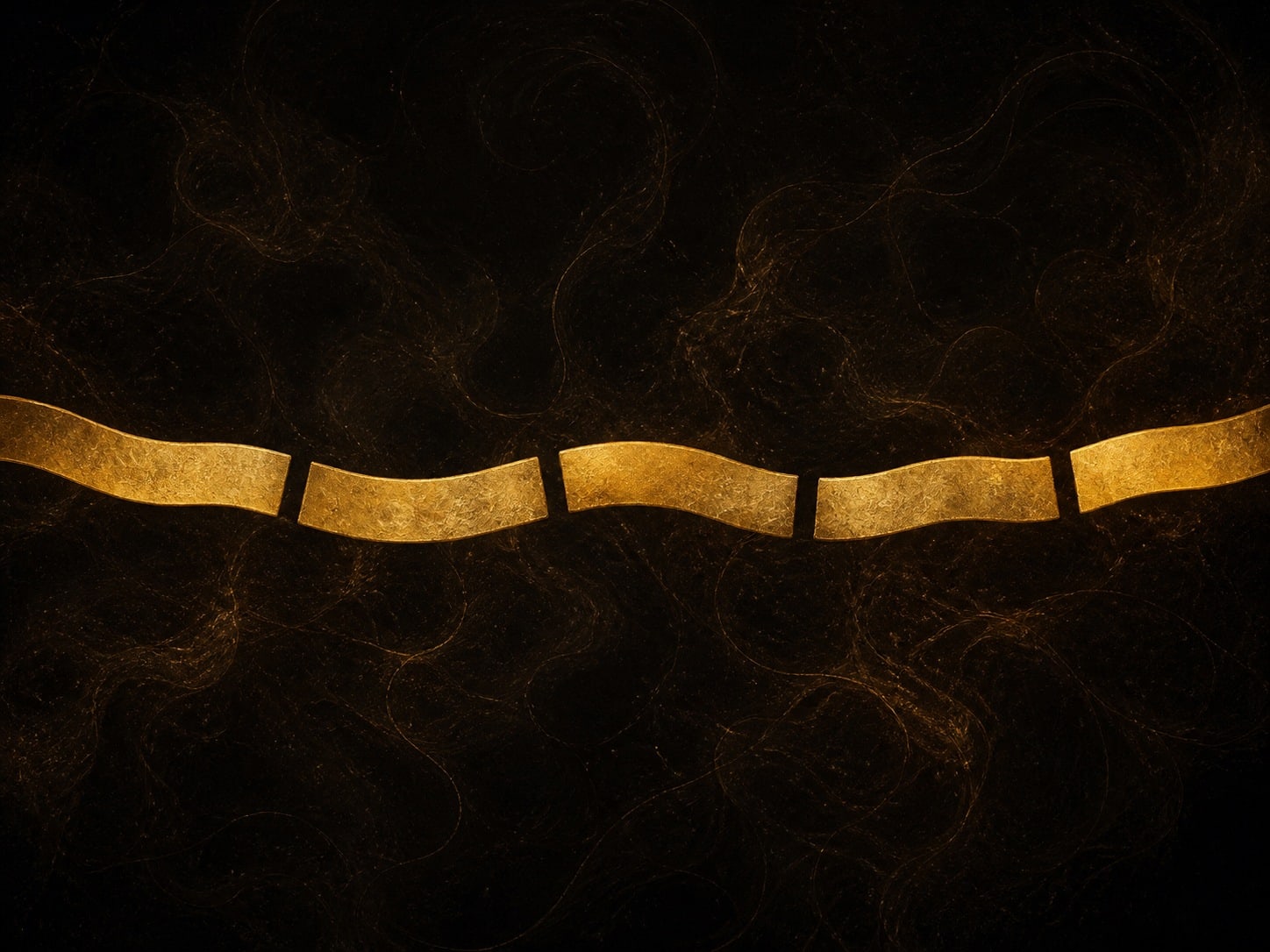 Several aligned amber-gold ribbon segments are separated by dark gaps in a warm dark haze.