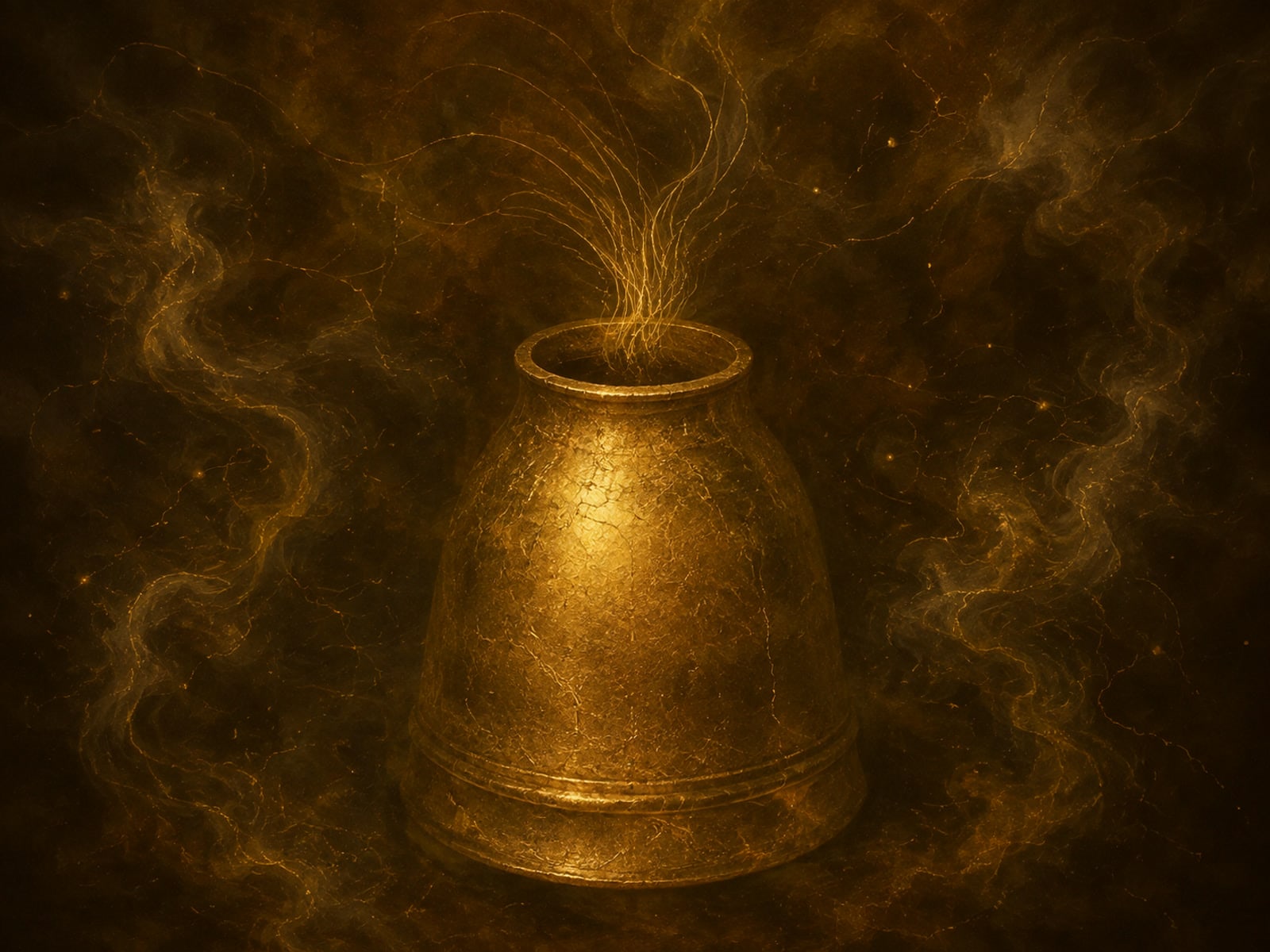 A small glowing gold vessel releases fine threads into dark haze.