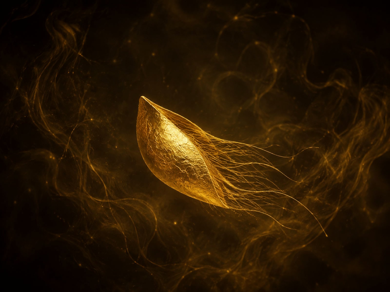 A curled gold fragment opens into delicate gold threads in a dark smoky void.