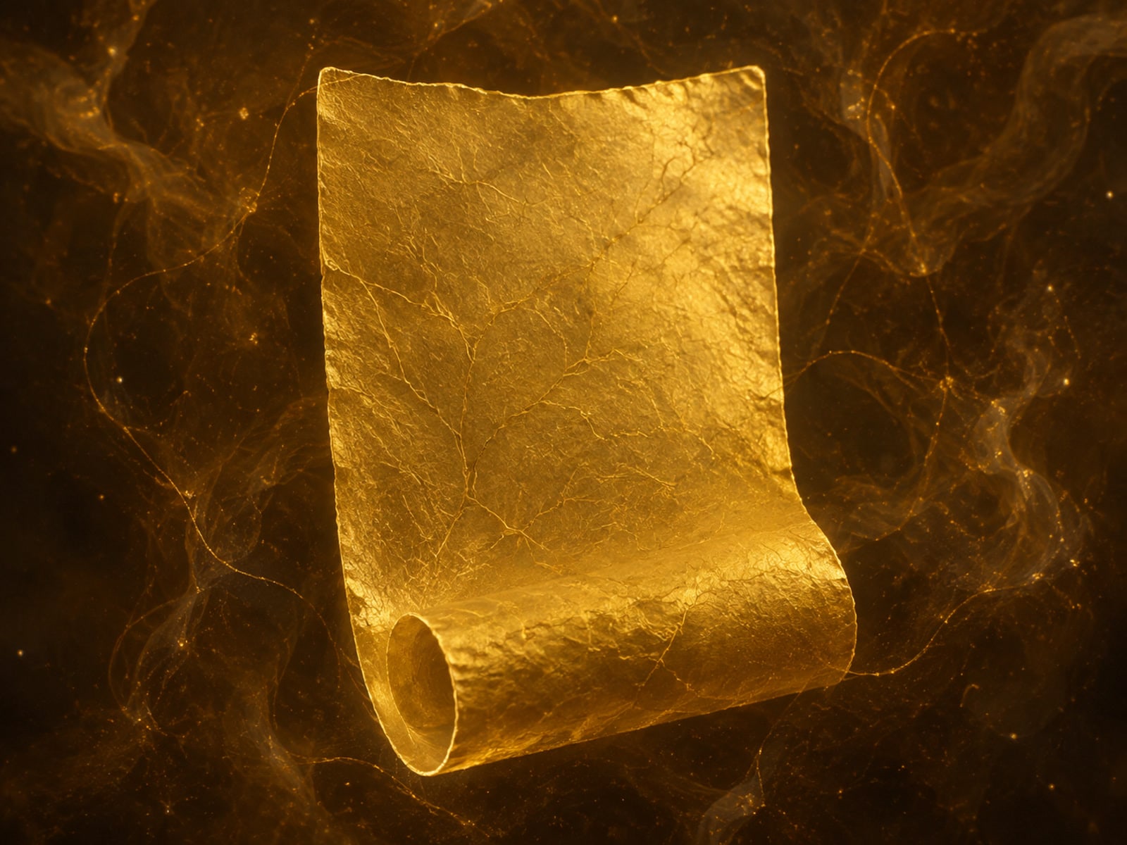 A blank gold page with a curled lower edge floats in dark haze.