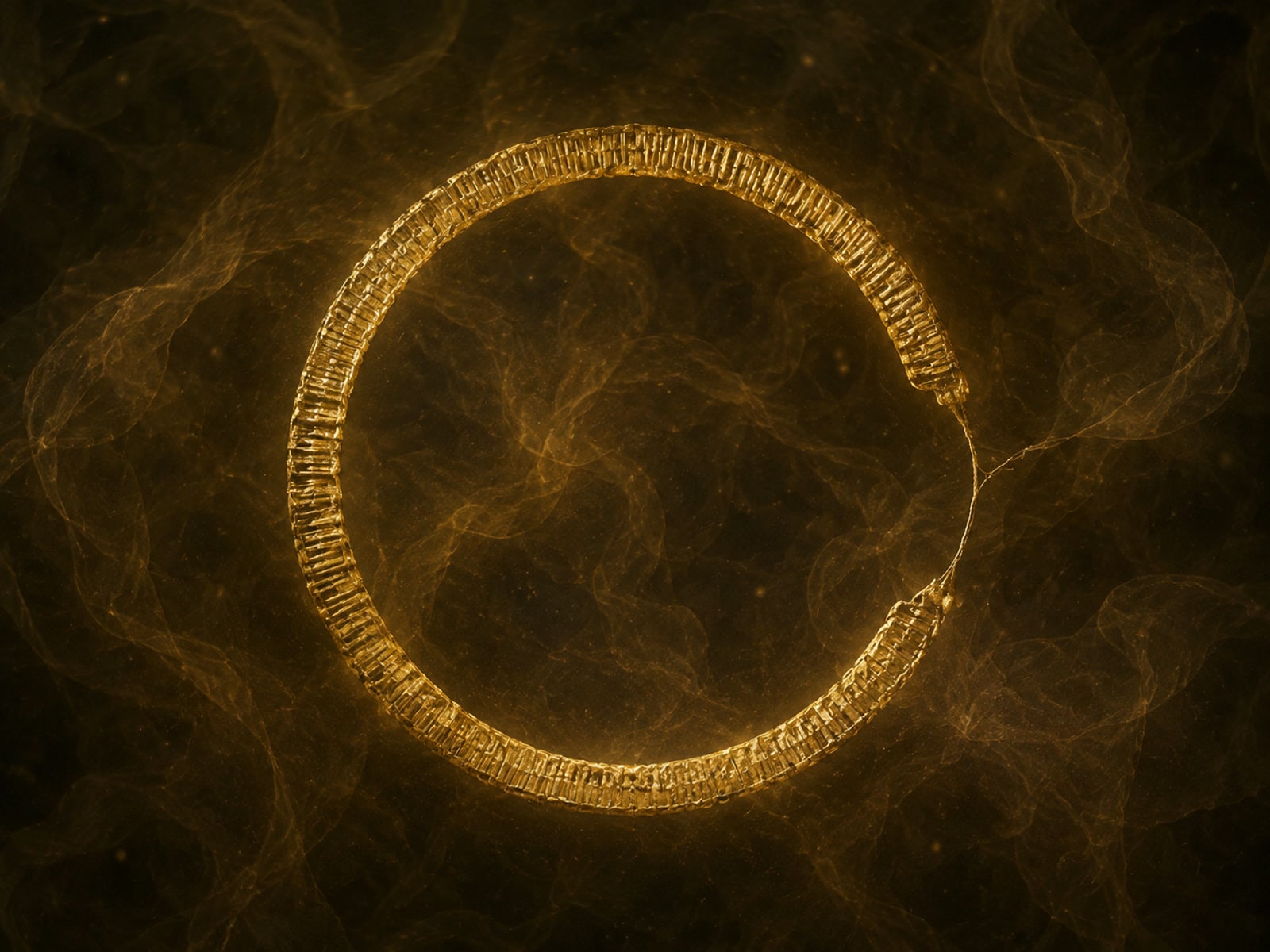 A ribbed gold loop with a small break floats in a dark smoky void.