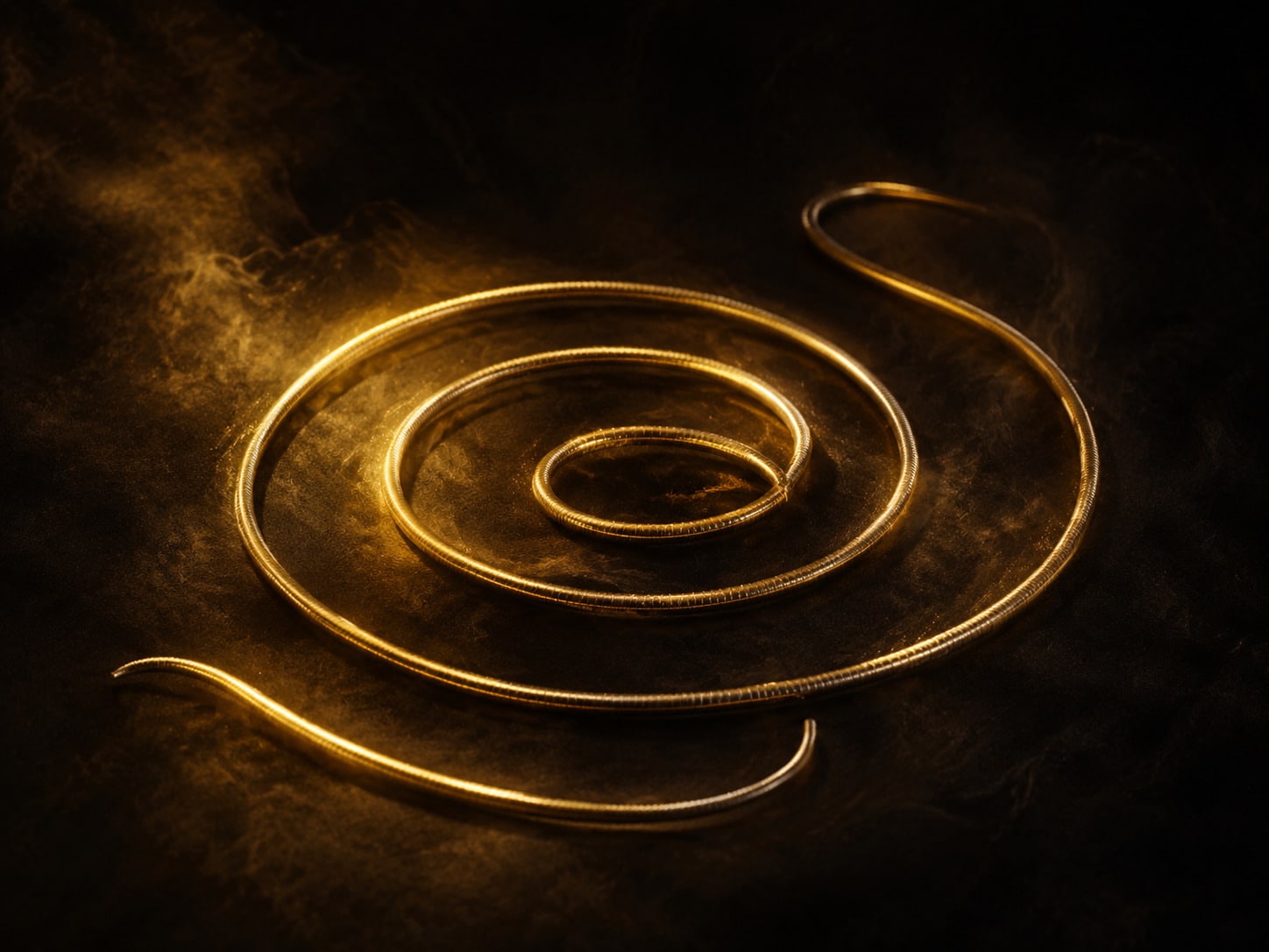 A gold coil lying in loose slack curves in darkness, unwound and whole.