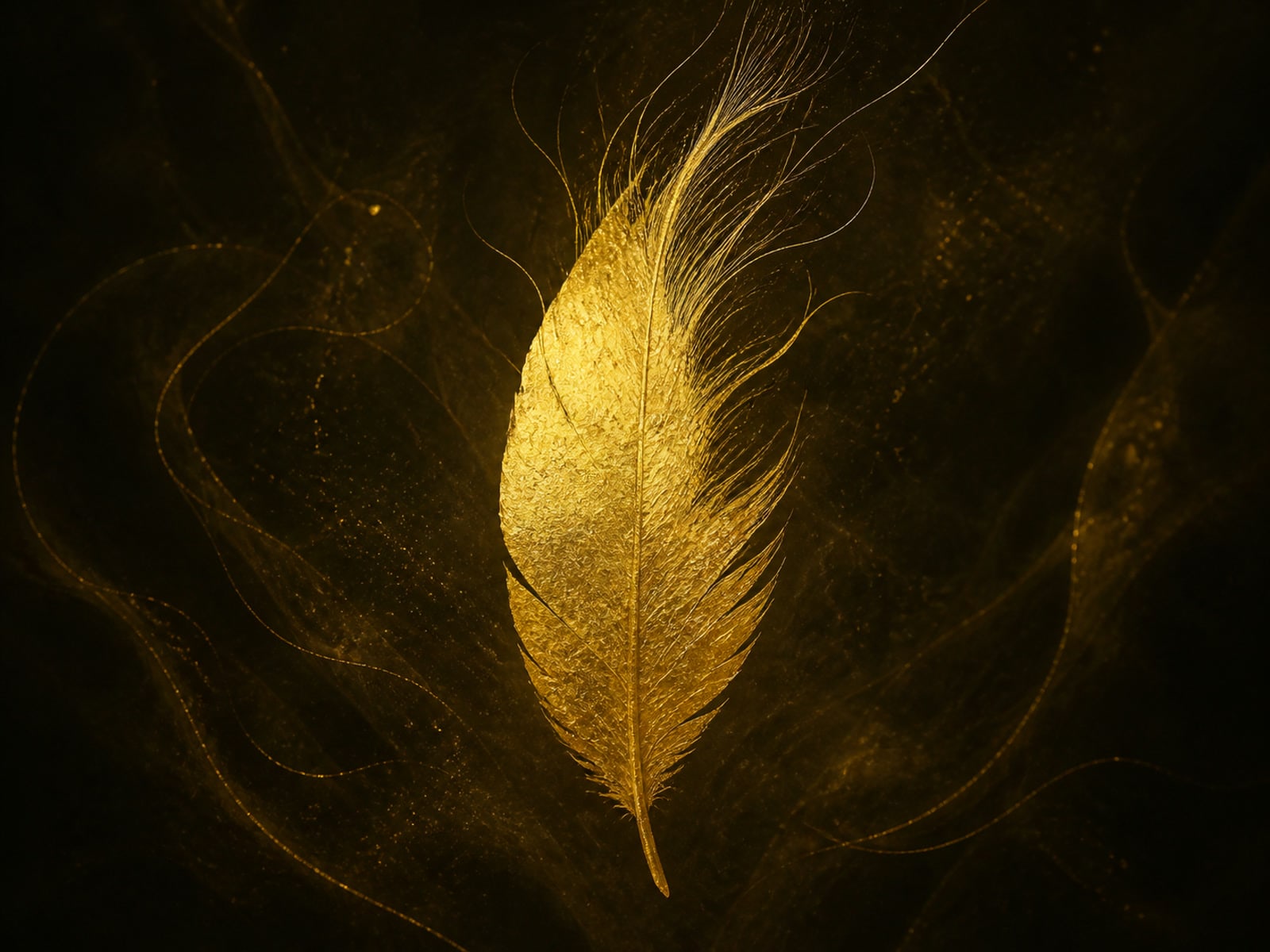 A gold feather whose tip dissolves into fine glowing strands floats in smoky darkness.