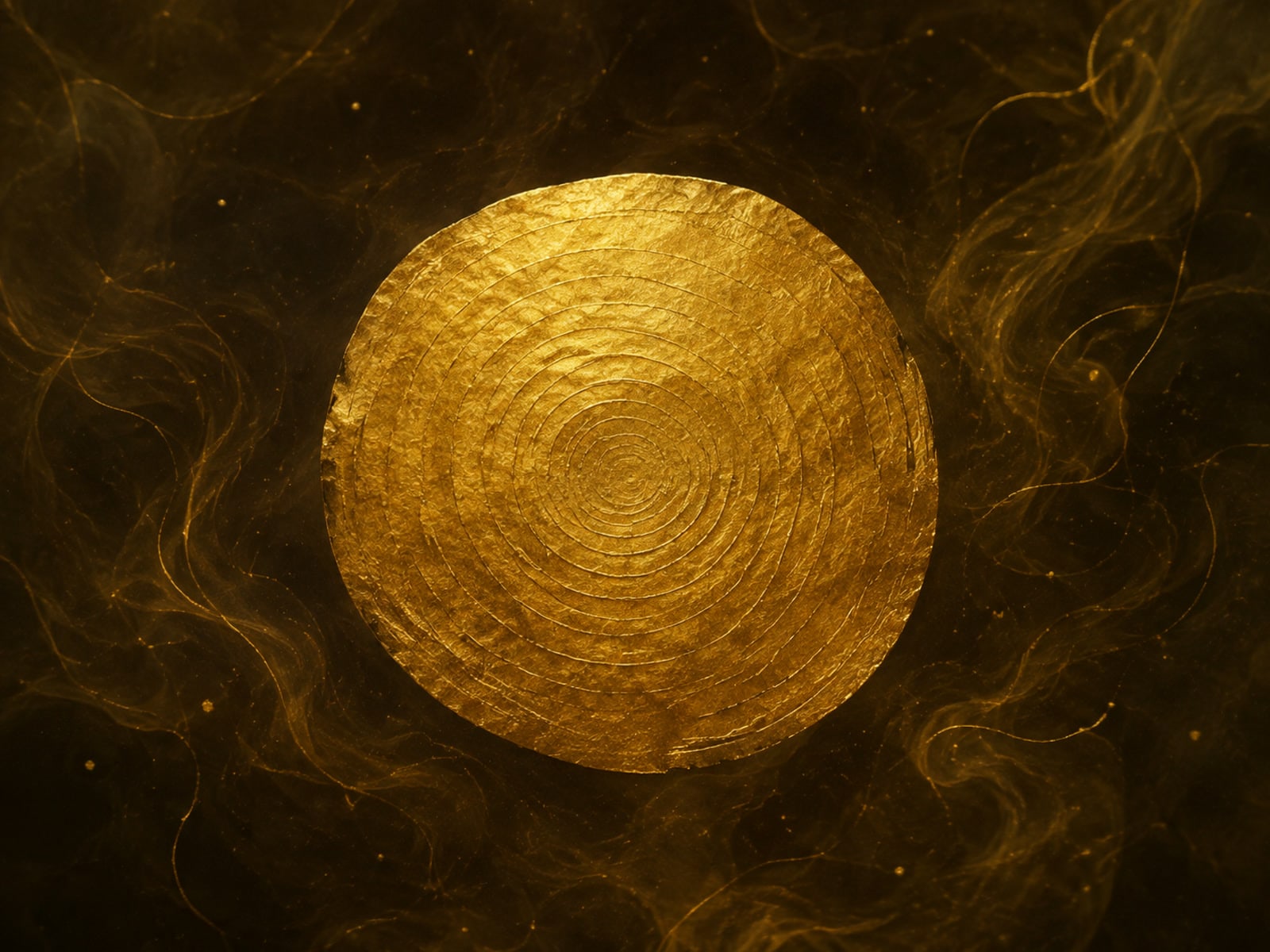 A round gold disc with fine concentric lines floats in smoky dark space.