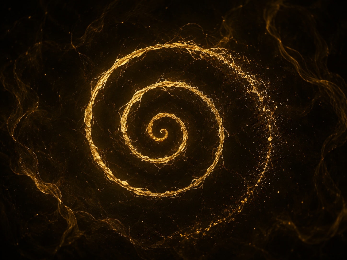 A gold spiral filament that thins and dissolves into fine particles against warm dark haze.
