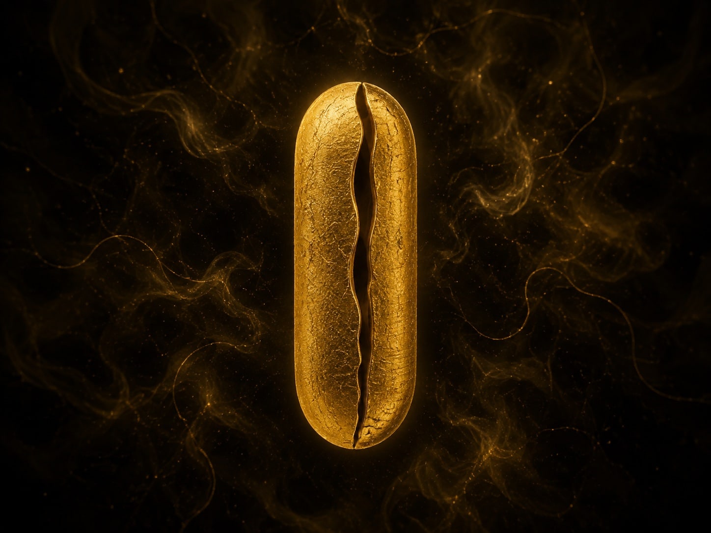 A thin upright gold capsule with a narrow dark opening down its center against warm dark haze.