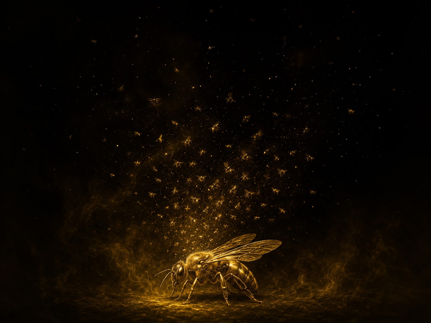 One sharply detailed gold insect form low in the frame, with many far smaller identical gold forms drifting above and thinning into darkness.