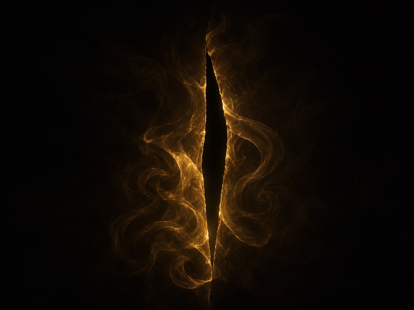 A narrow gold fissure suspended in darkness, its interior unlit, with a thin single-file thread of very small gold insect forms coming out of it.