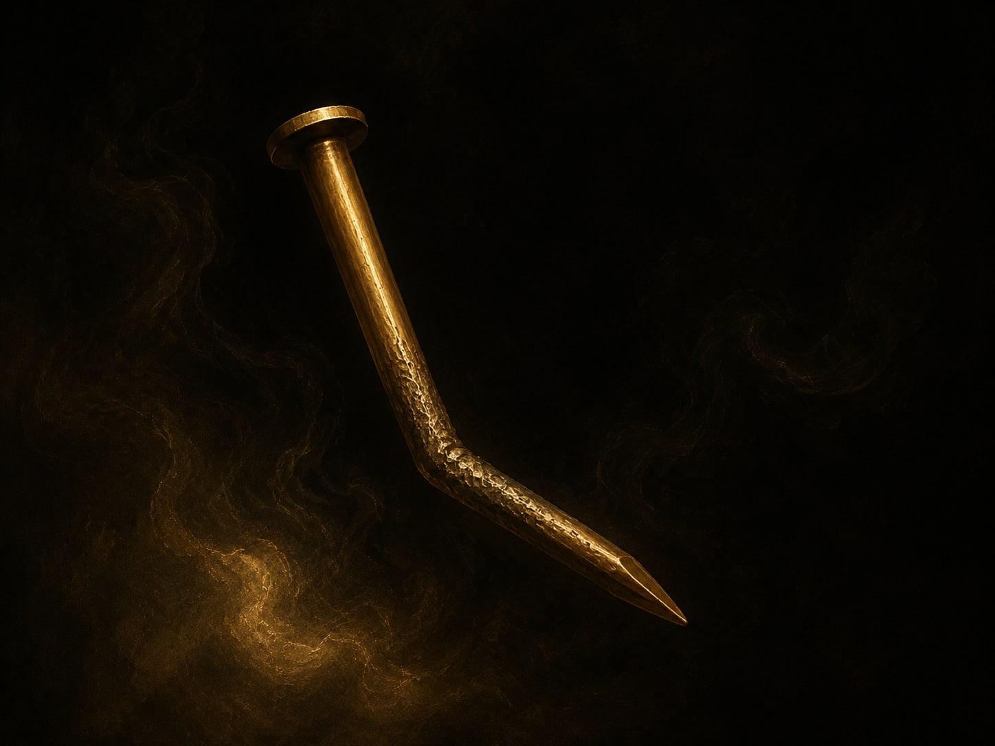 One gold nail bent at a shallow angle through its shank, its surface pitted along the bend.
