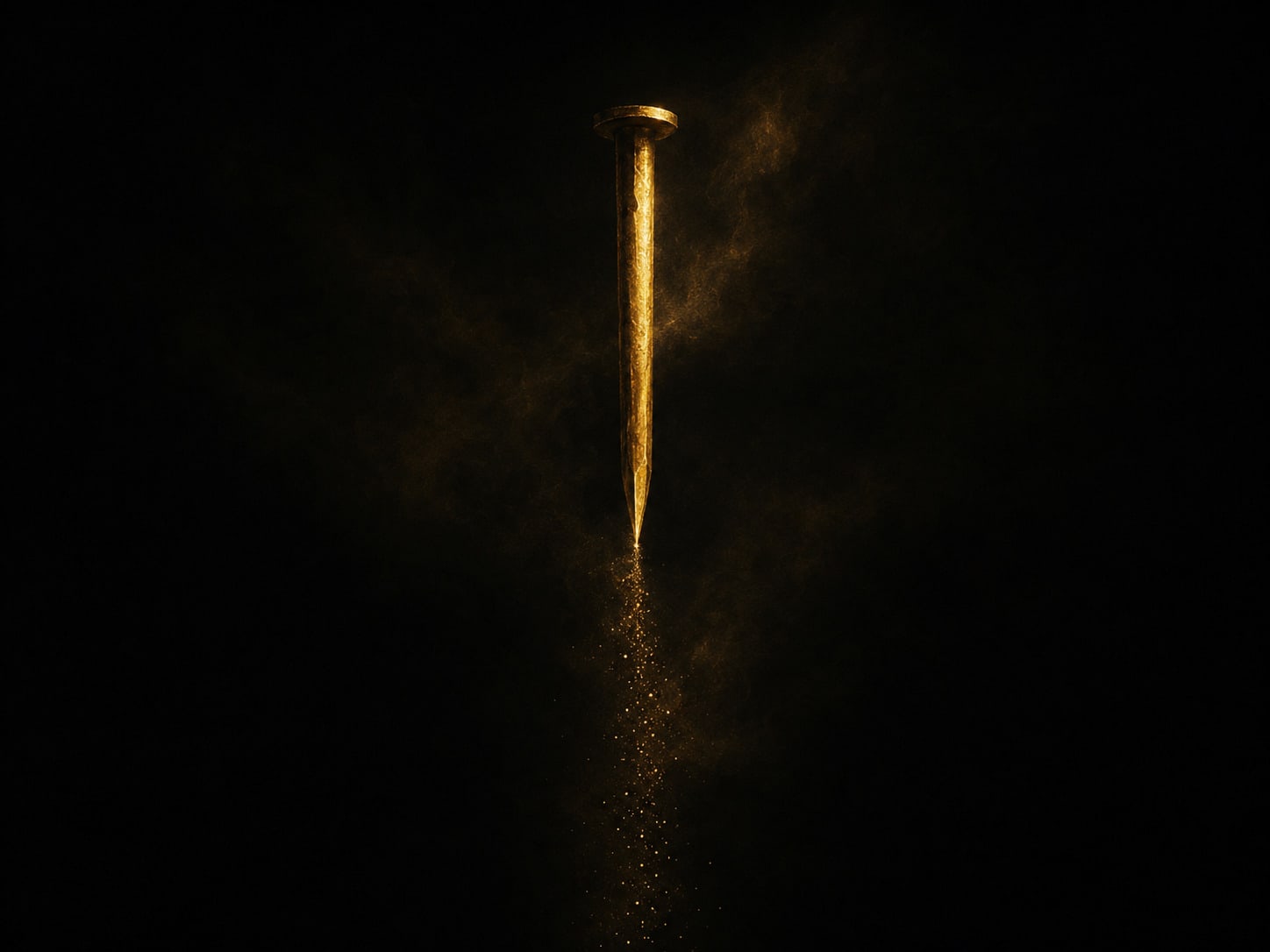 One gold nail floating point-downward with fine gold particulate streaming away from its tip.